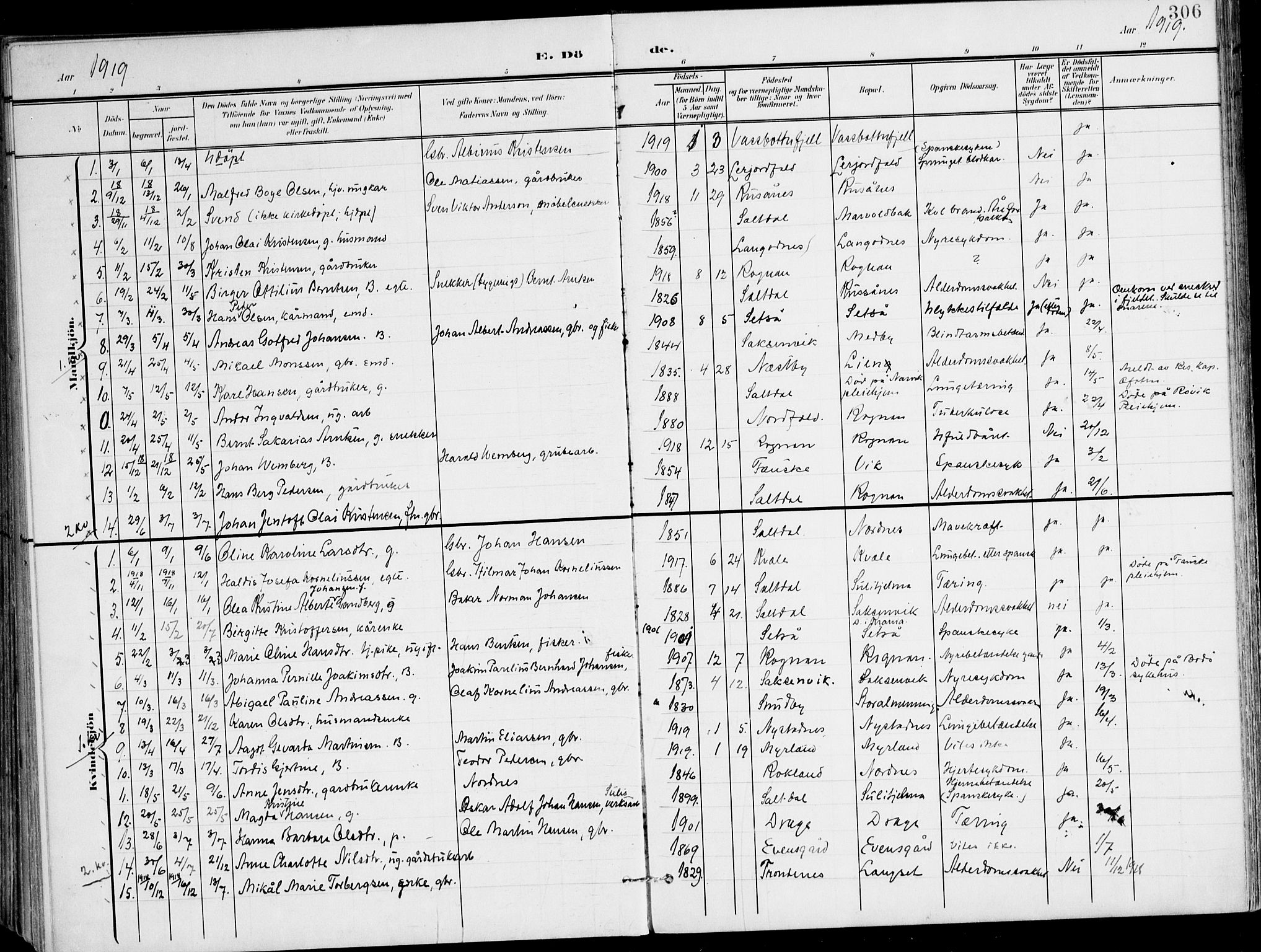 Ministerialprotokoller, klokkerbøker og fødselsregistre - Nordland, SAT/A-1459/847/L0672: Parish register (official) no. 847A12, 1902-1919, p. 306