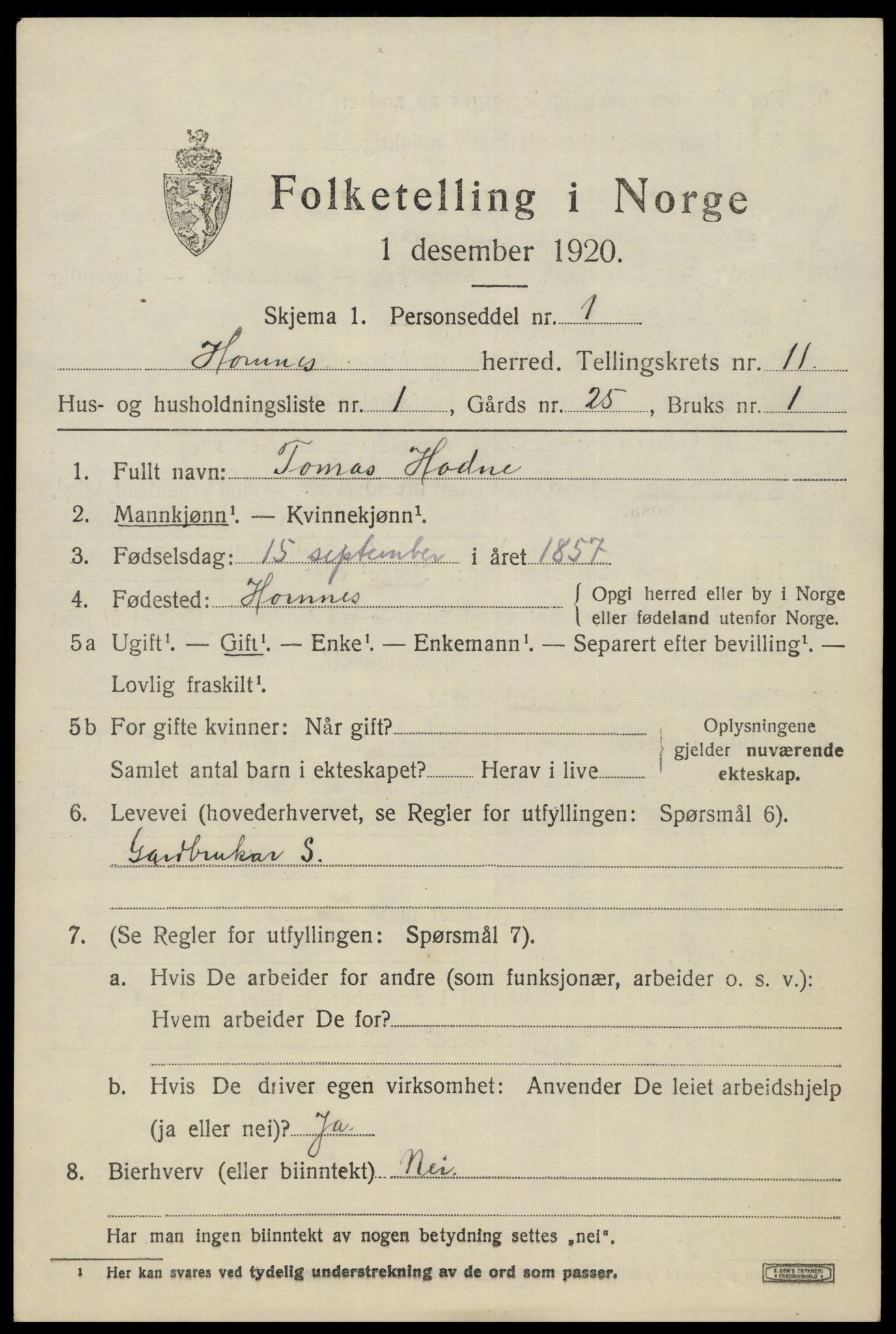 SAK, 1920 census for Hornnes, 1920, p. 2635