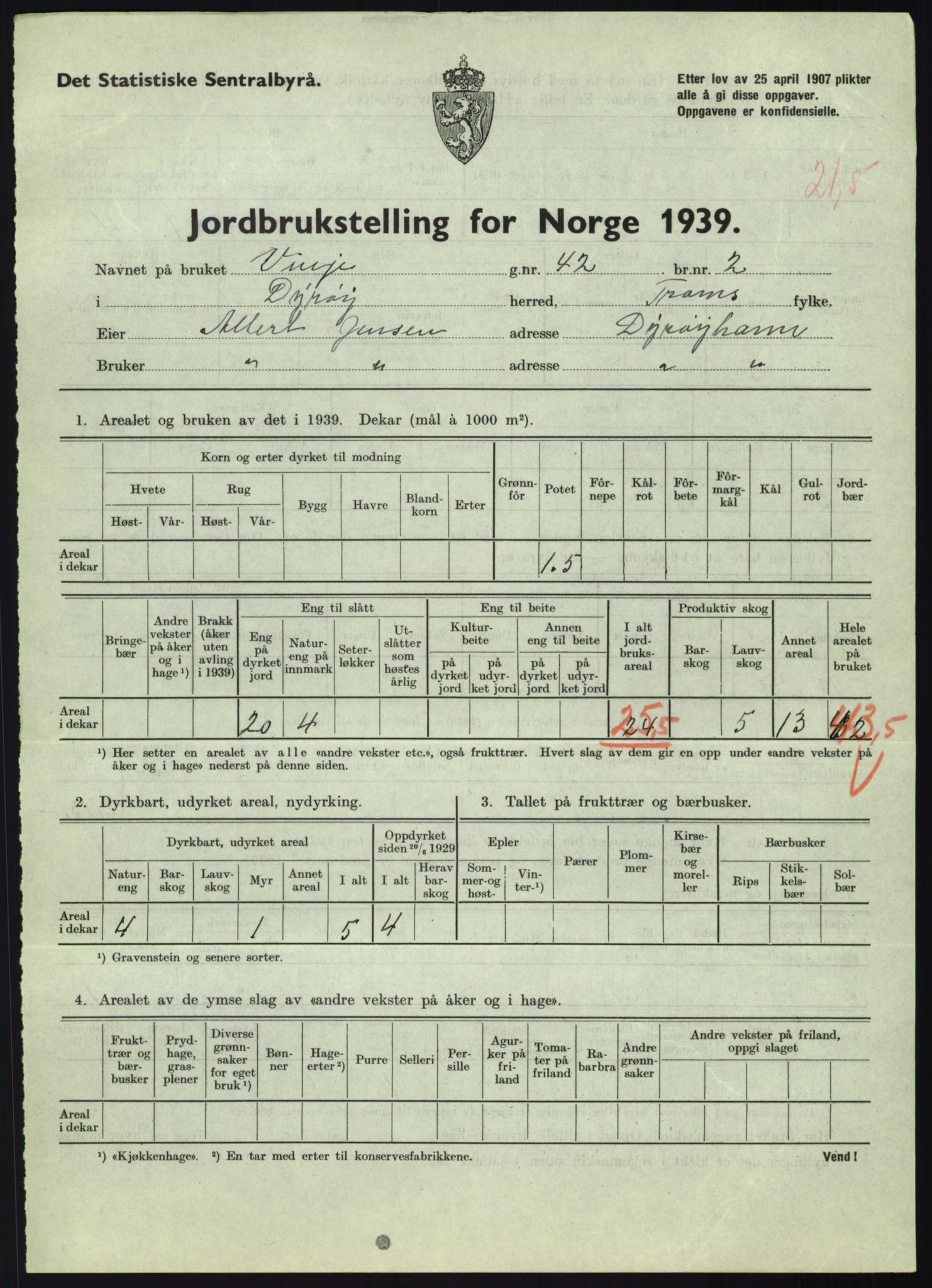 Statistisk sentralbyrå, Næringsøkonomiske emner, Jordbruk, skogbruk, jakt, fiske og fangst, AV/RA-S-2234/G/Gb/L0340: Troms: Salangen og Dyrøy, 1939, p. 1318