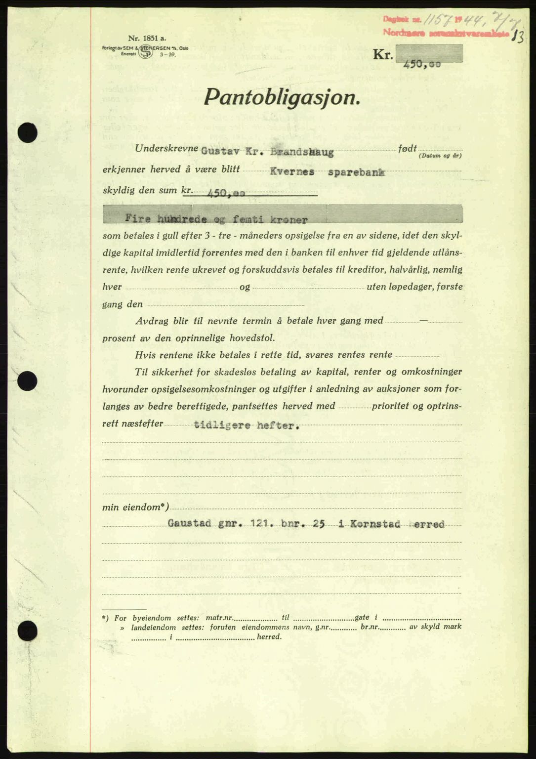 Nordmøre sorenskriveri, AV/SAT-A-4132/1/2/2Ca: Mortgage book no. B92, 1944-1945, Diary no: : 1157/1944