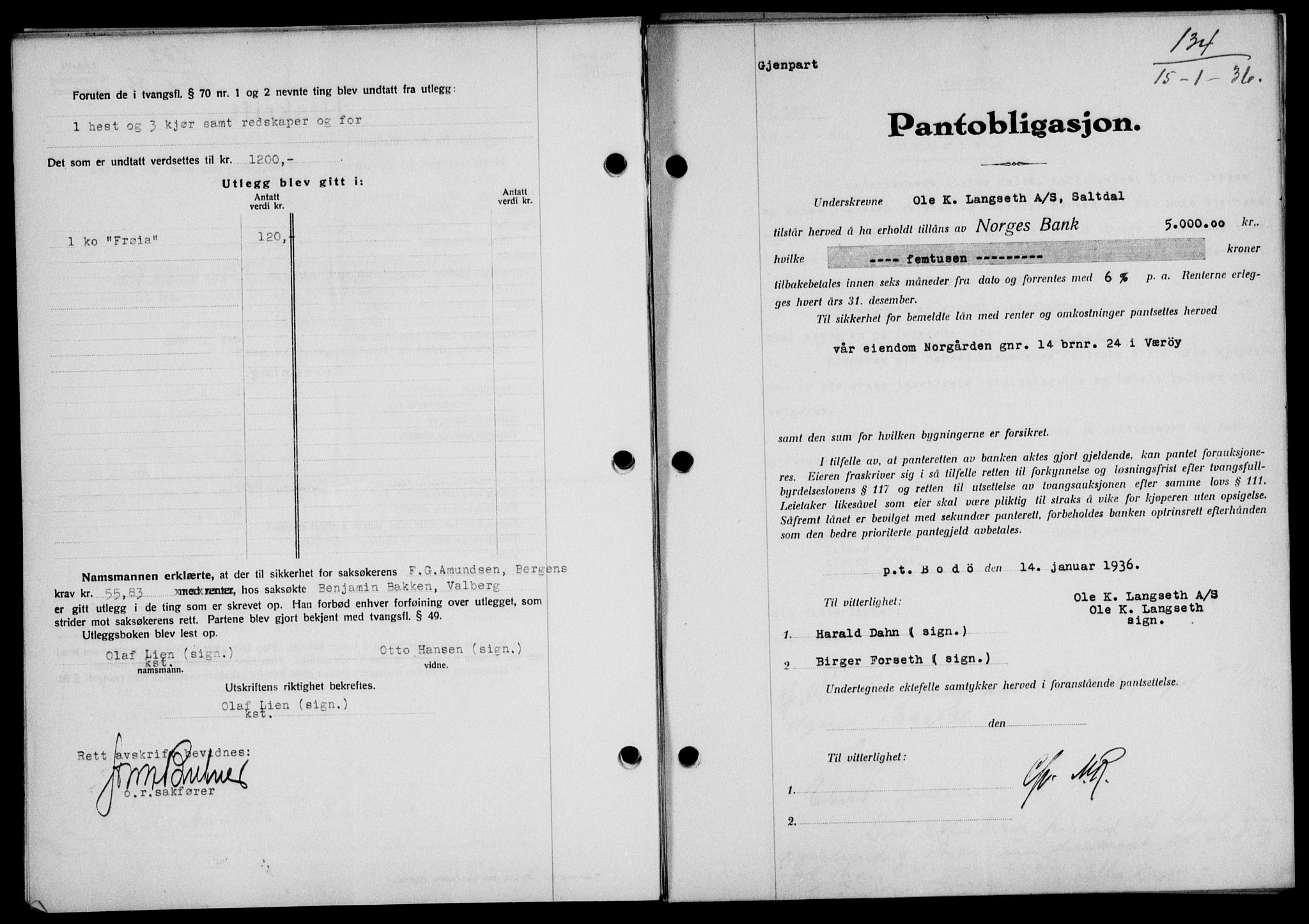 Lofoten sorenskriveri, SAT/A-0017/1/2/2C/L0033b: Mortgage book no. 33b, 1936-1936, Diary no: : 134/1936
