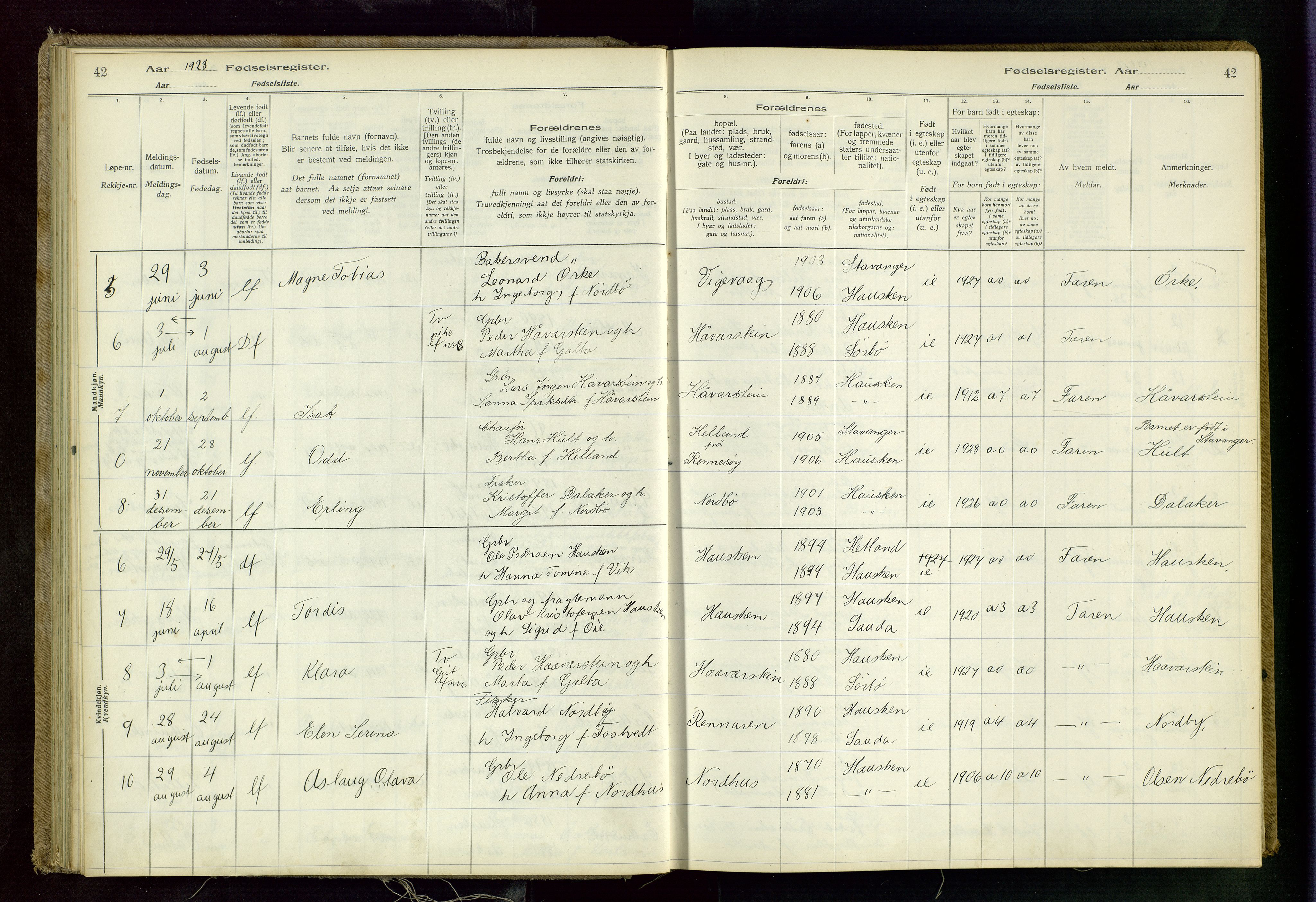 Rennesøy sokneprestkontor, AV/SAST-A -101827/I/Id/L0001: Birth register no. 1, 1916-1982, p. 42