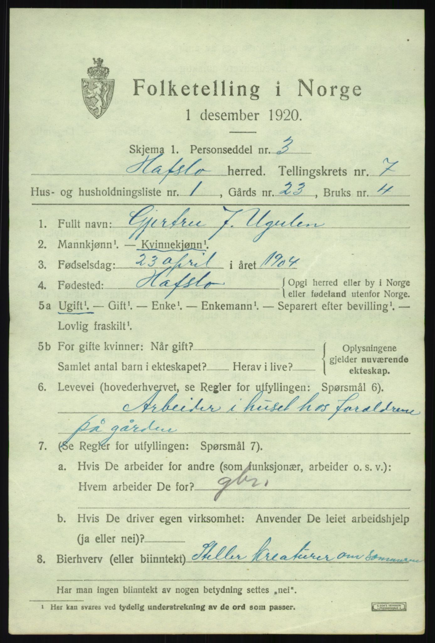 SAB, 1920 census for Hafslo, 1920, p. 5092