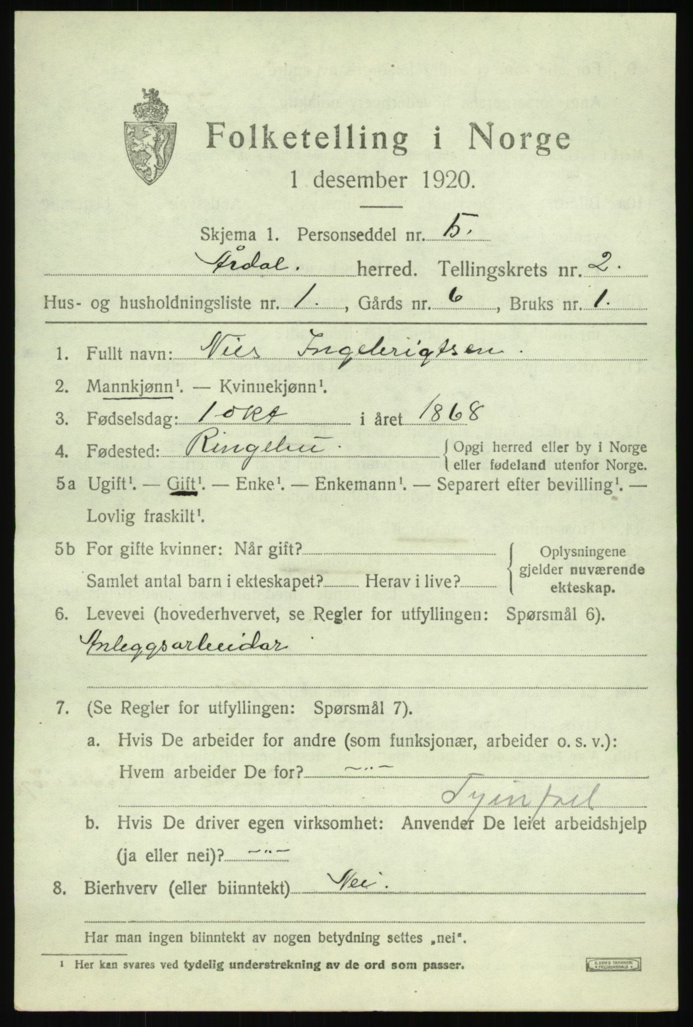 SAB, 1920 census for Årdal, 1920, p. 873