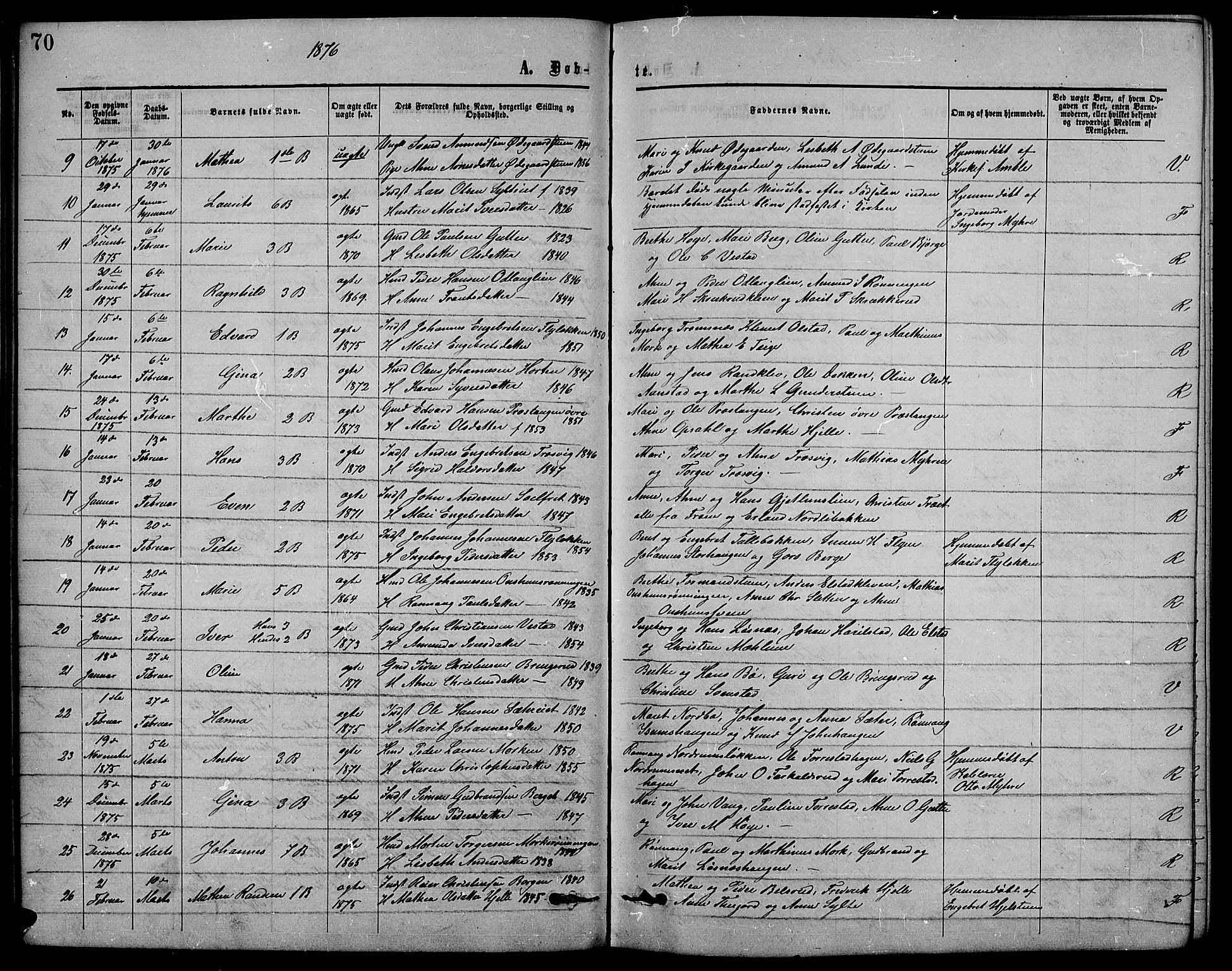 Ringebu prestekontor, AV/SAH-PREST-082/H/Ha/Hab/L0004: Parish register (copy) no. 4, 1867-1879, p. 70