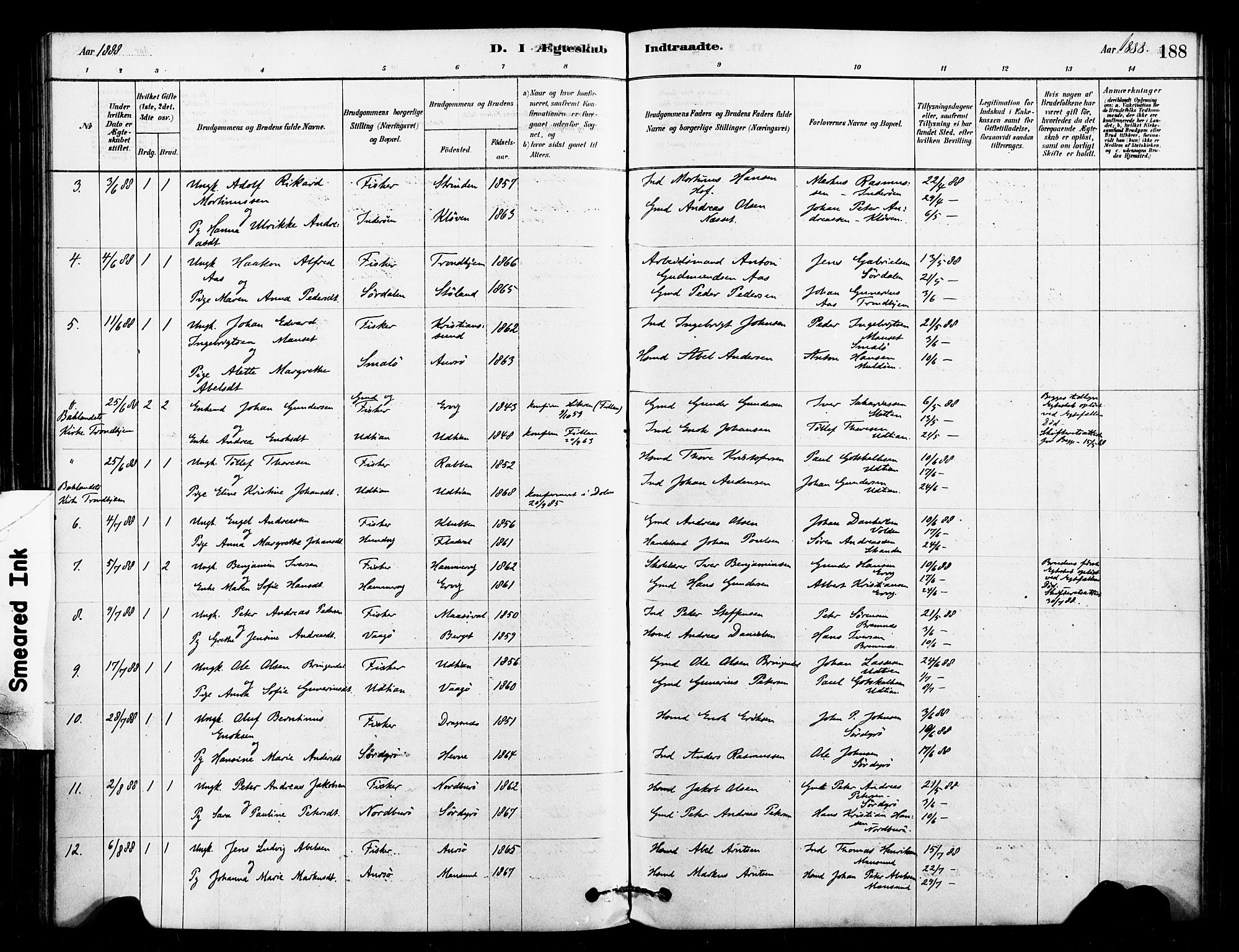 Ministerialprotokoller, klokkerbøker og fødselsregistre - Sør-Trøndelag, SAT/A-1456/640/L0578: Parish register (official) no. 640A03, 1879-1889, p. 188