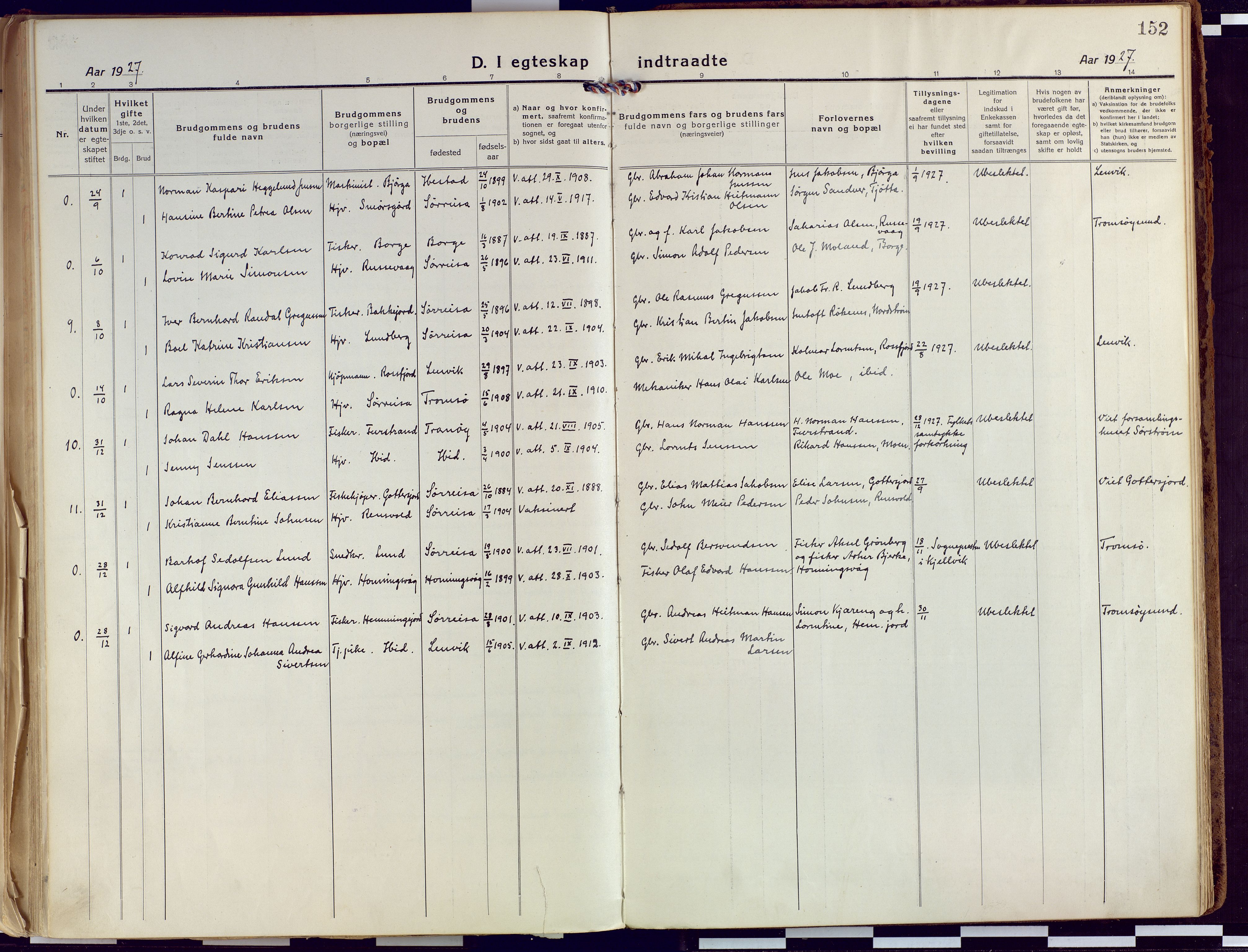 Tranøy sokneprestkontor, AV/SATØ-S-1313/I/Ia/Iaa/L0015kirke: Parish register (official) no. 15, 1919-1928, p. 152