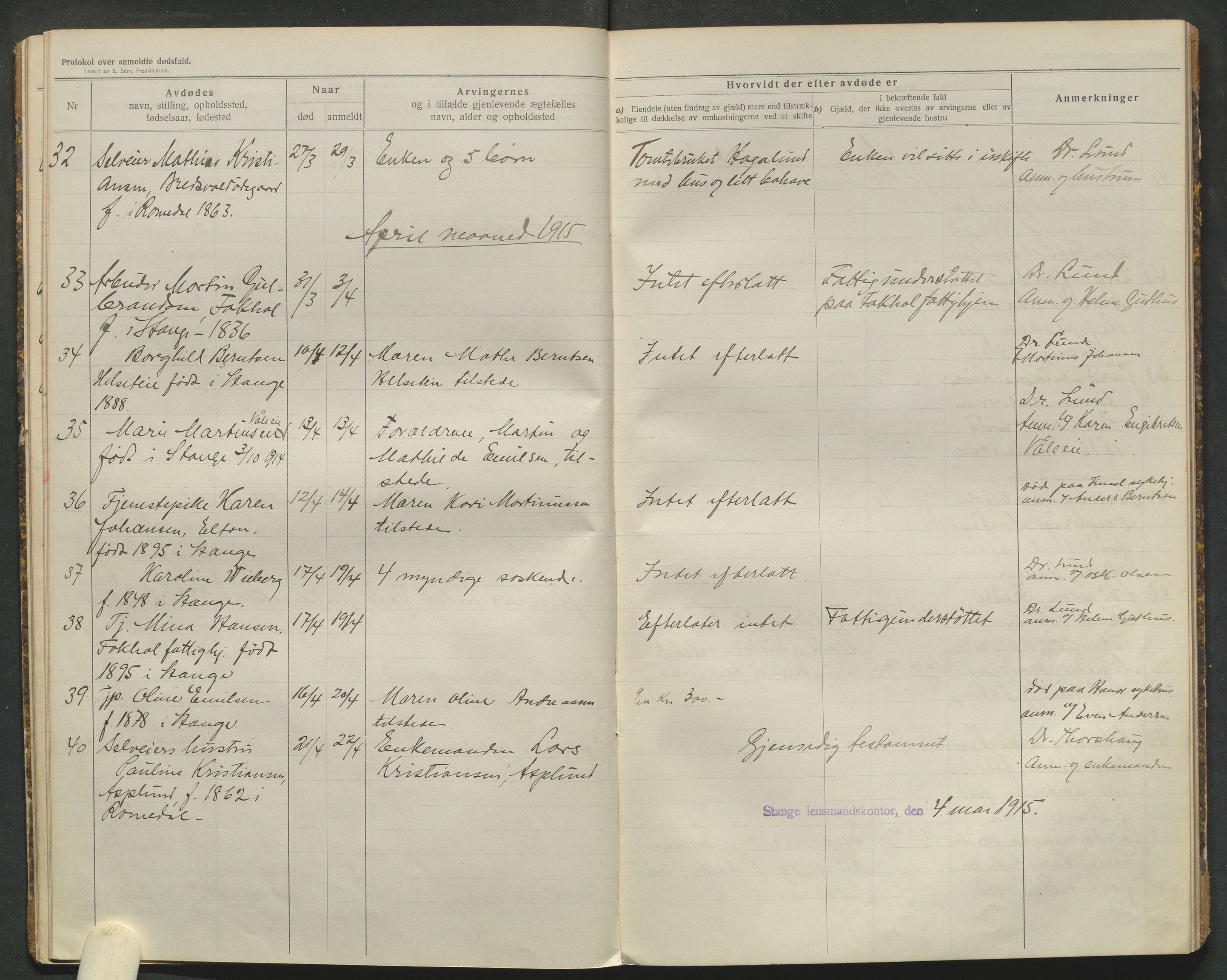 Stange lensmannskontor, AV/SAH-LHS-020/H/Ha/Haa/L0001/0002: Dødsfallsprotokoller / Dødsfallsprotokoll, 1914-1918