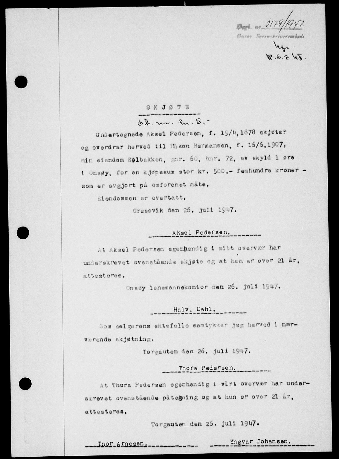 Onsøy sorenskriveri, AV/SAO-A-10474/G/Ga/Gab/L0021: Mortgage book no. II A-21, 1947-1947, Diary no: : 2179/1947