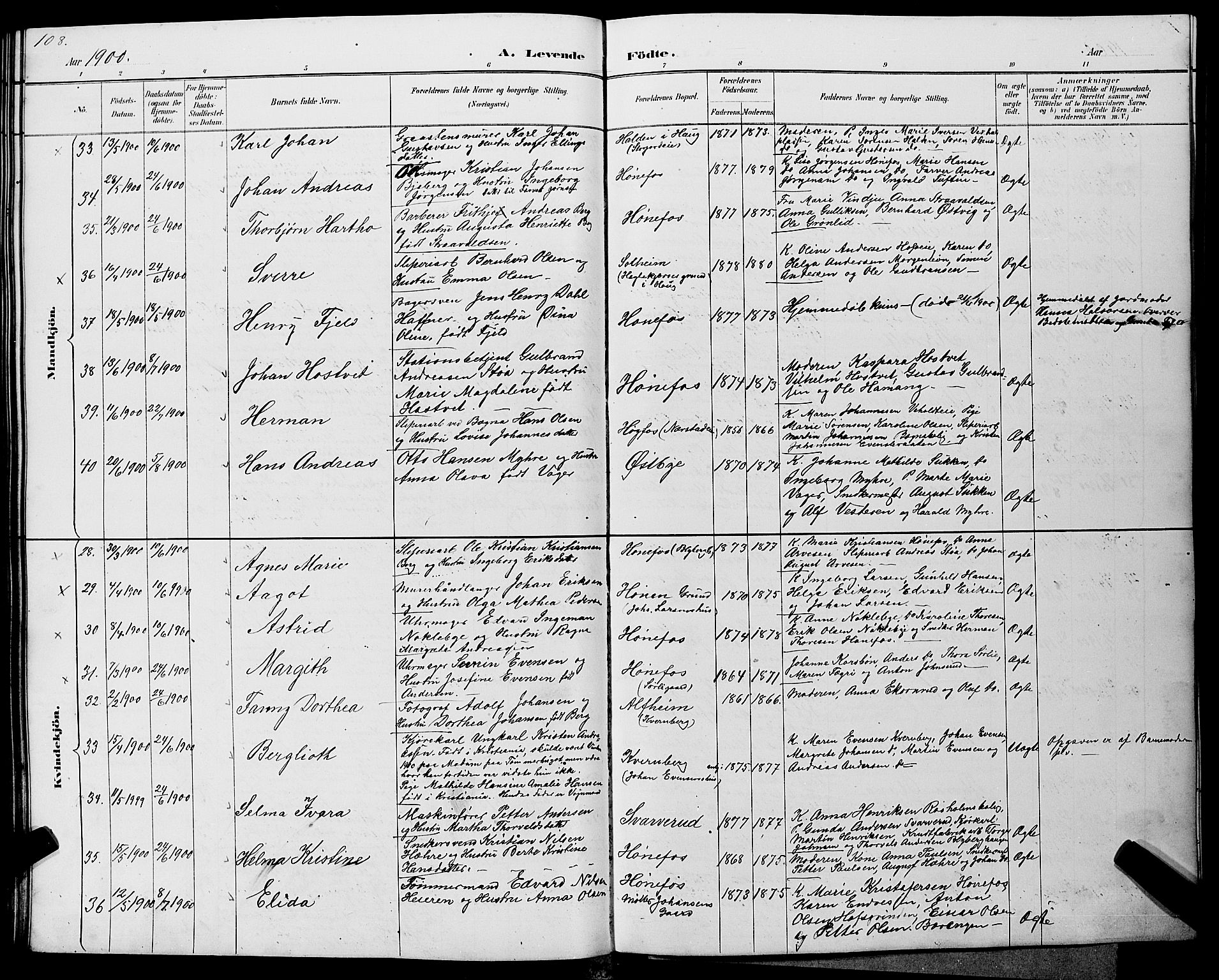 Hønefoss kirkebøker, AV/SAKO-A-609/G/Ga/L0002: Parish register (copy) no. 2, 1888-1904, p. 108