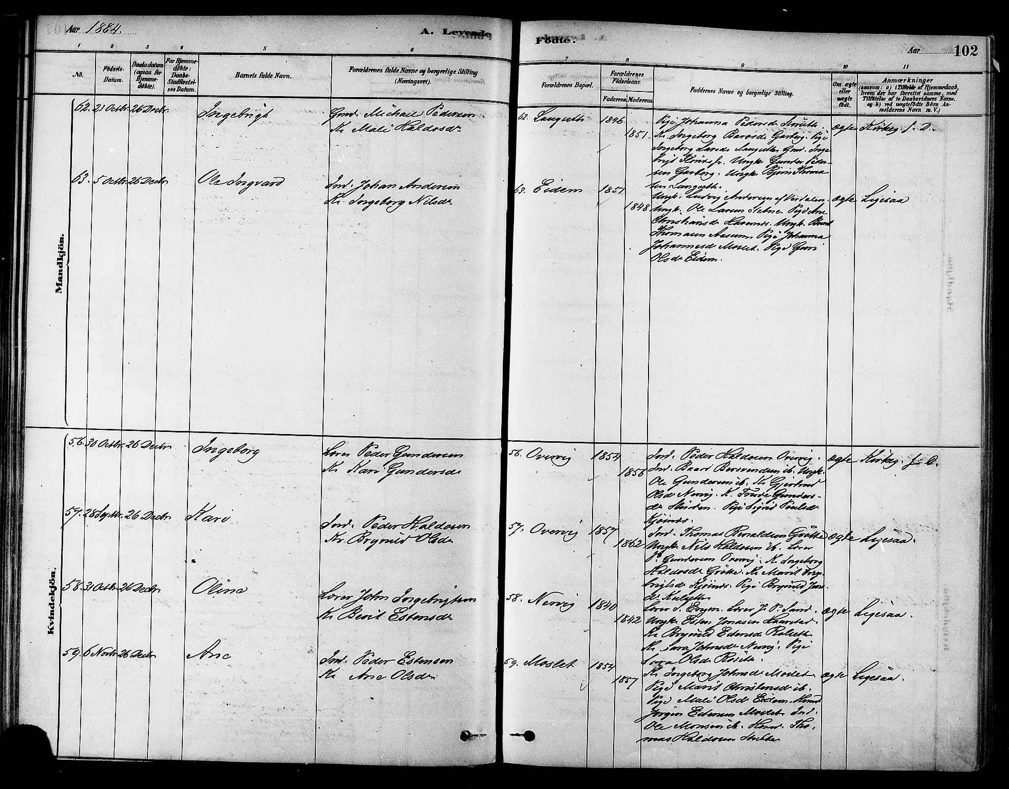 Ministerialprotokoller, klokkerbøker og fødselsregistre - Sør-Trøndelag, AV/SAT-A-1456/695/L1148: Parish register (official) no. 695A08, 1878-1891, p. 102