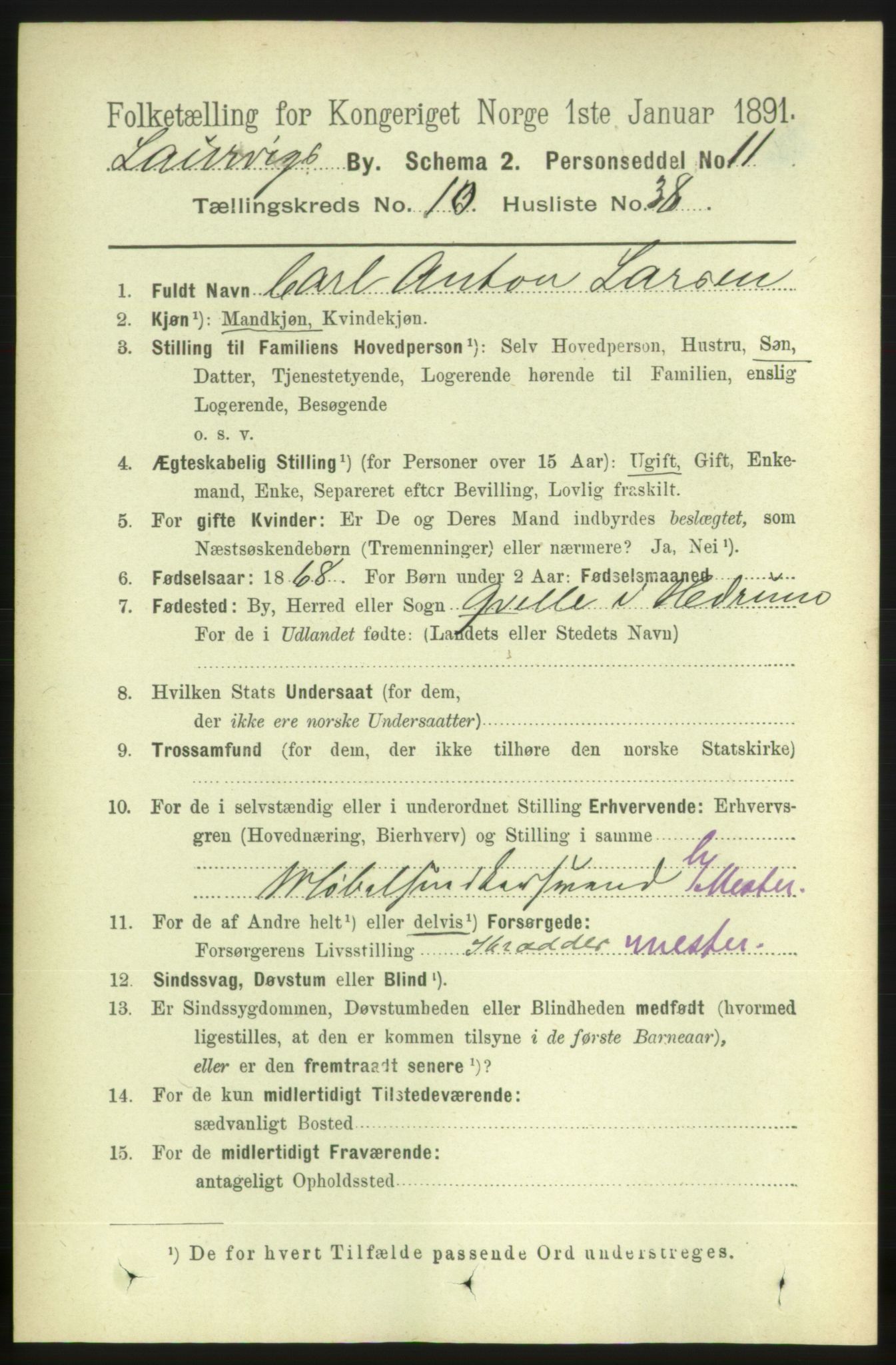 RA, 1891 census for 0707 Larvik, 1891, p. 9409