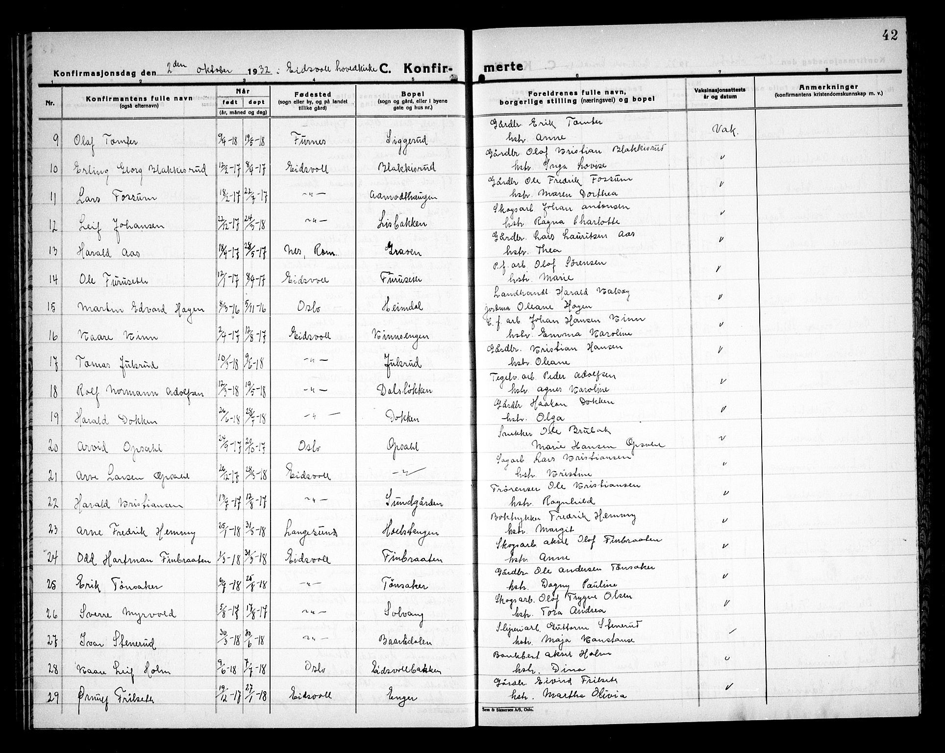 Eidsvoll prestekontor Kirkebøker, AV/SAO-A-10888/G/Ga/L0011: Parish register (copy) no. I 11, 1926-1936, p. 42