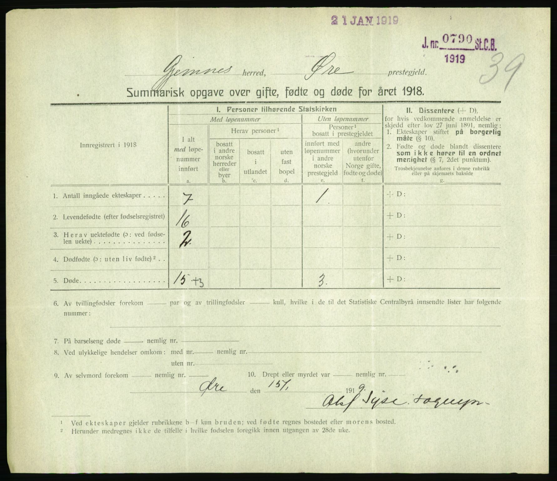 Statistisk sentralbyrå, Sosiodemografiske emner, Befolkning, RA/S-2228/D/Df/Dfb/Dfbh/L0059: Summariske oppgaver over gifte, fødte og døde for hele landet., 1918, p. 1203