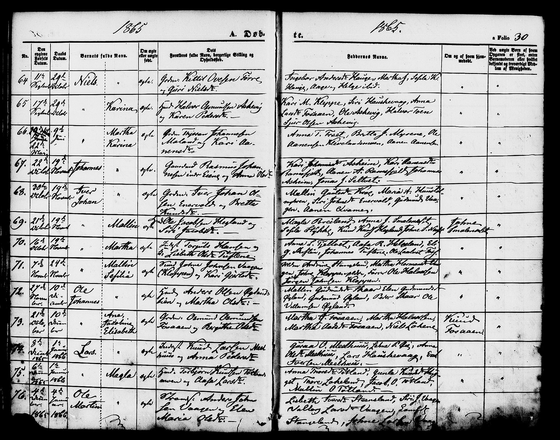 Hjelmeland sokneprestkontor, AV/SAST-A-101843/01/IV/L0011: Parish register (official) no. A 11, 1861-1878, p. 30