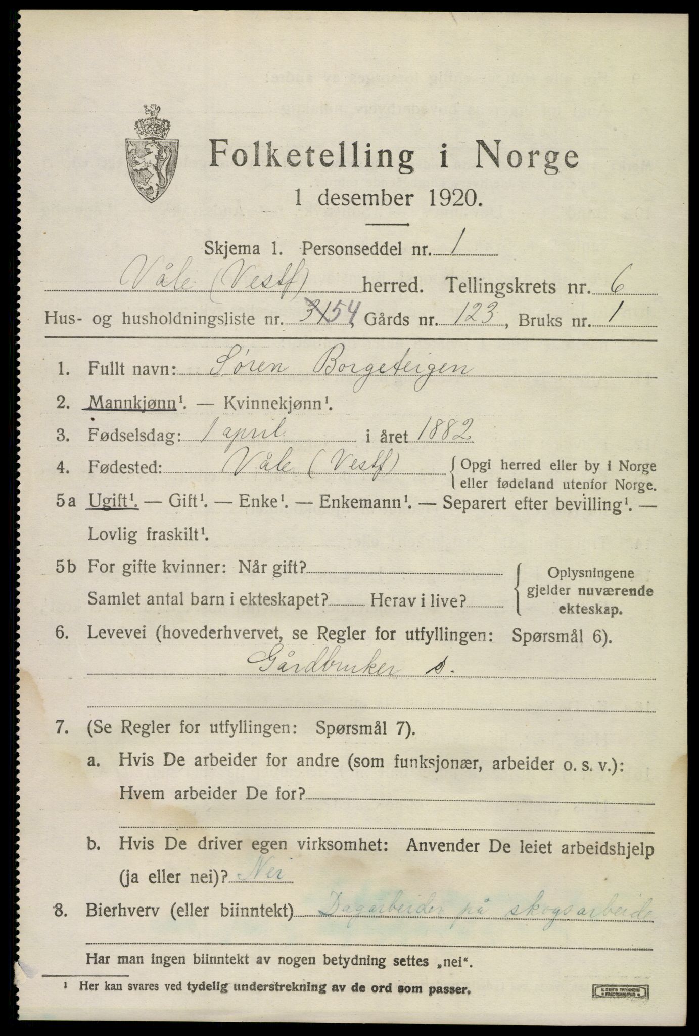 SAKO, 1920 census for Våle, 1920, p. 5494