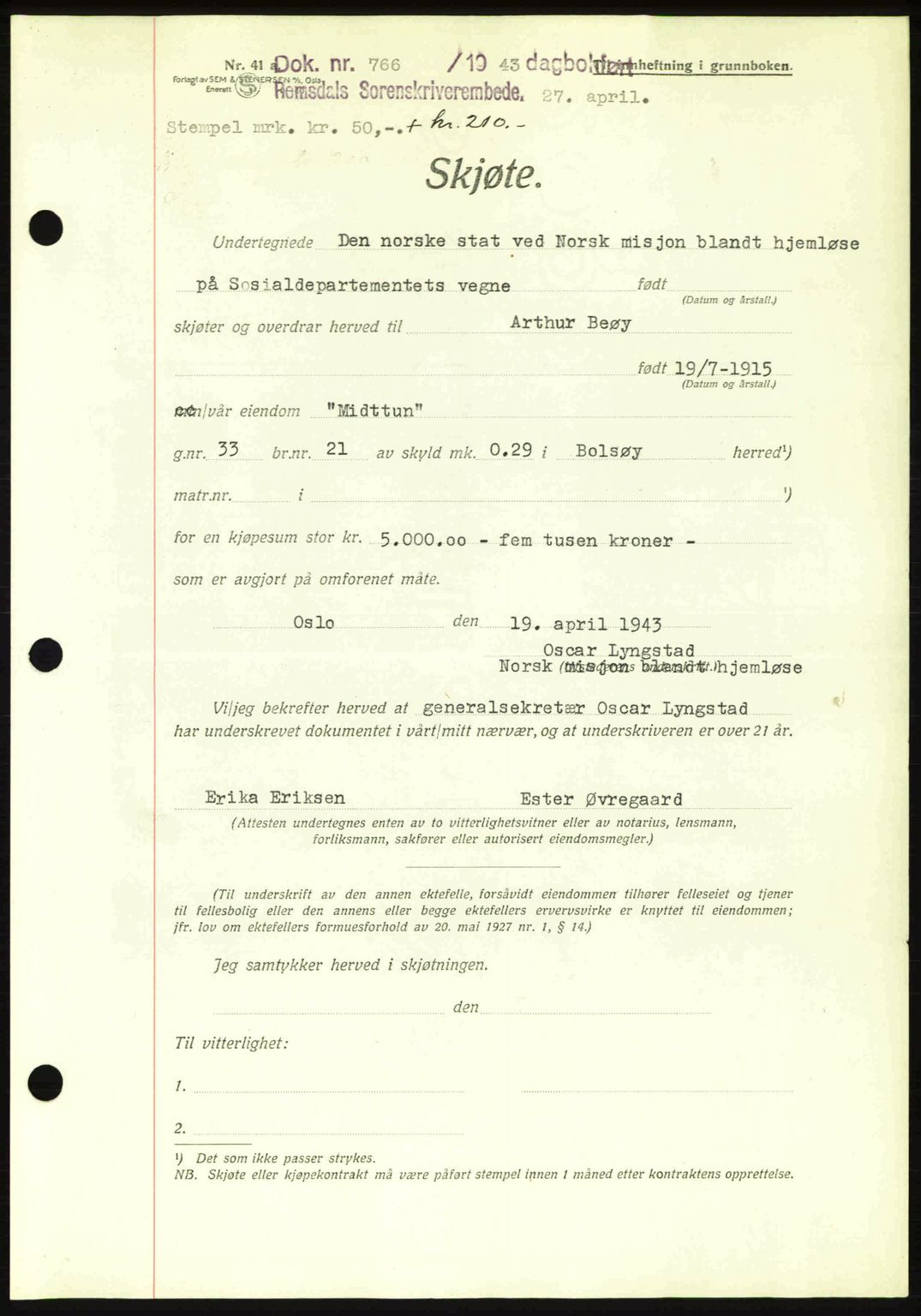 Romsdal sorenskriveri, AV/SAT-A-4149/1/2/2C: Mortgage book no. A14, 1943-1943, Diary no: : 766/1943