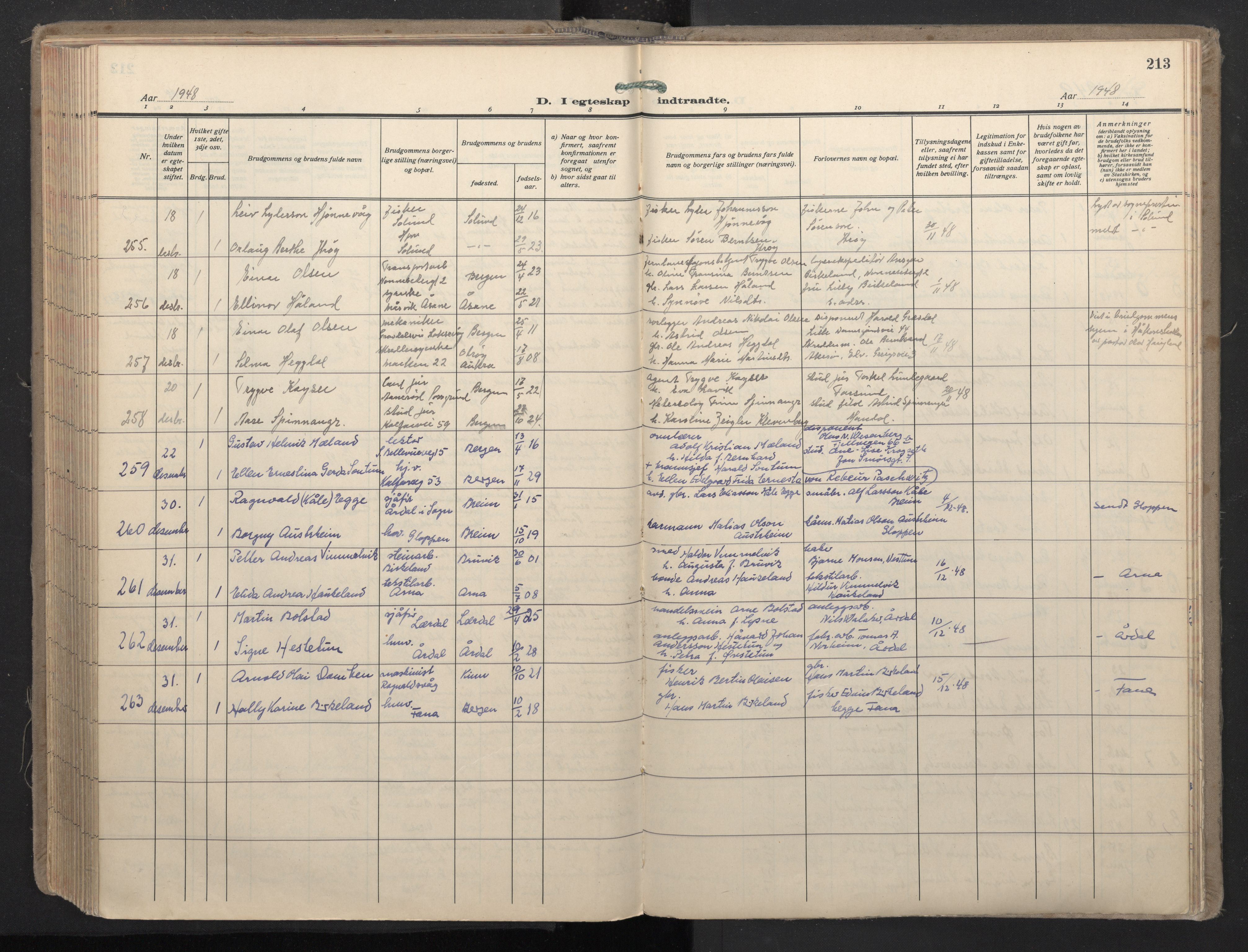 Domkirken sokneprestembete, SAB/A-74801/H/Haa: Parish register (official) no. D 7, 1937-1950, p. 212b-213a