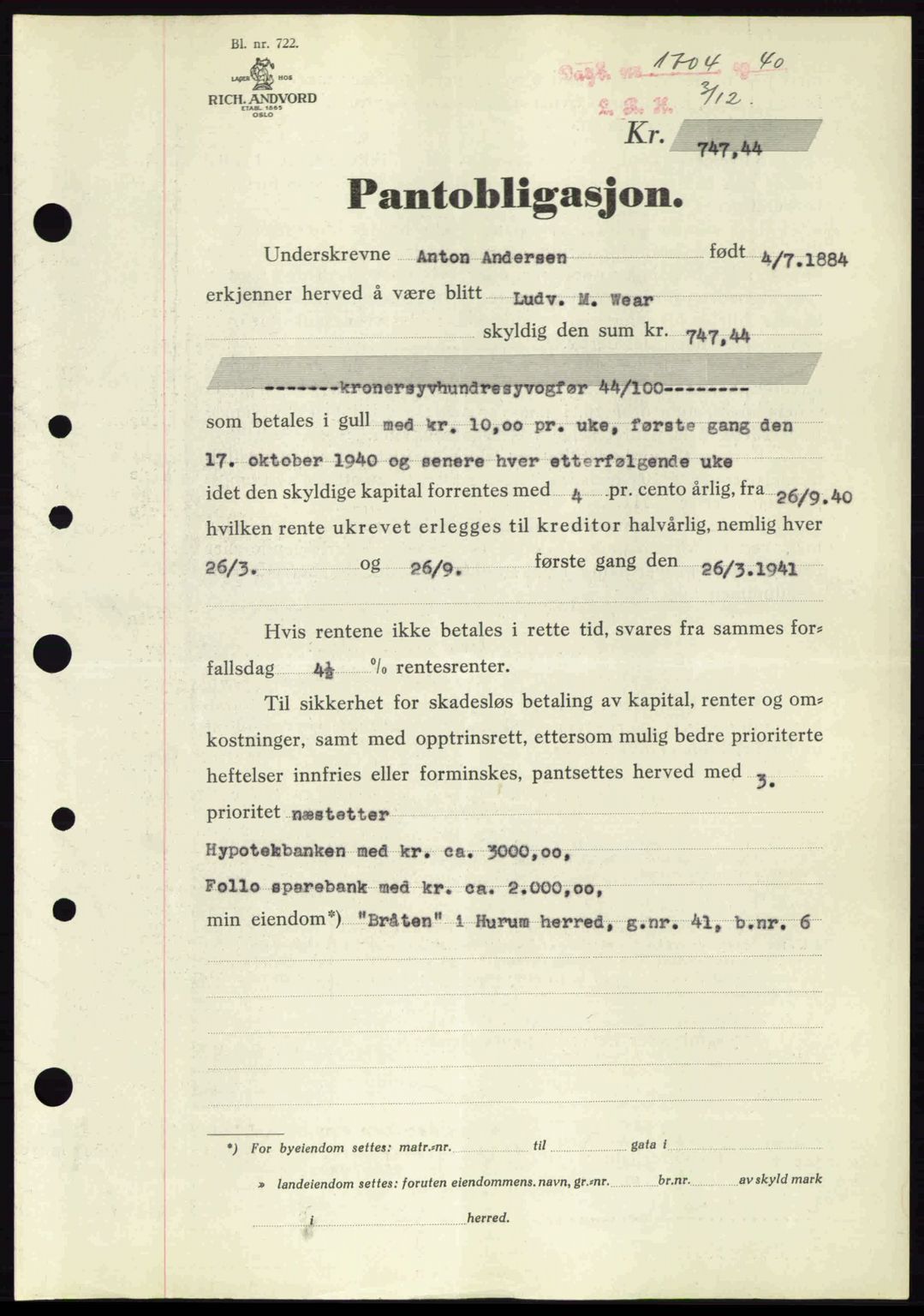 Lier, Røyken og Hurum sorenskriveri, AV/SAKO-A-89/G/Ga/Gab/L0068: Mortgage book no. 68, 1940-1941, Diary no: : 1704/1940