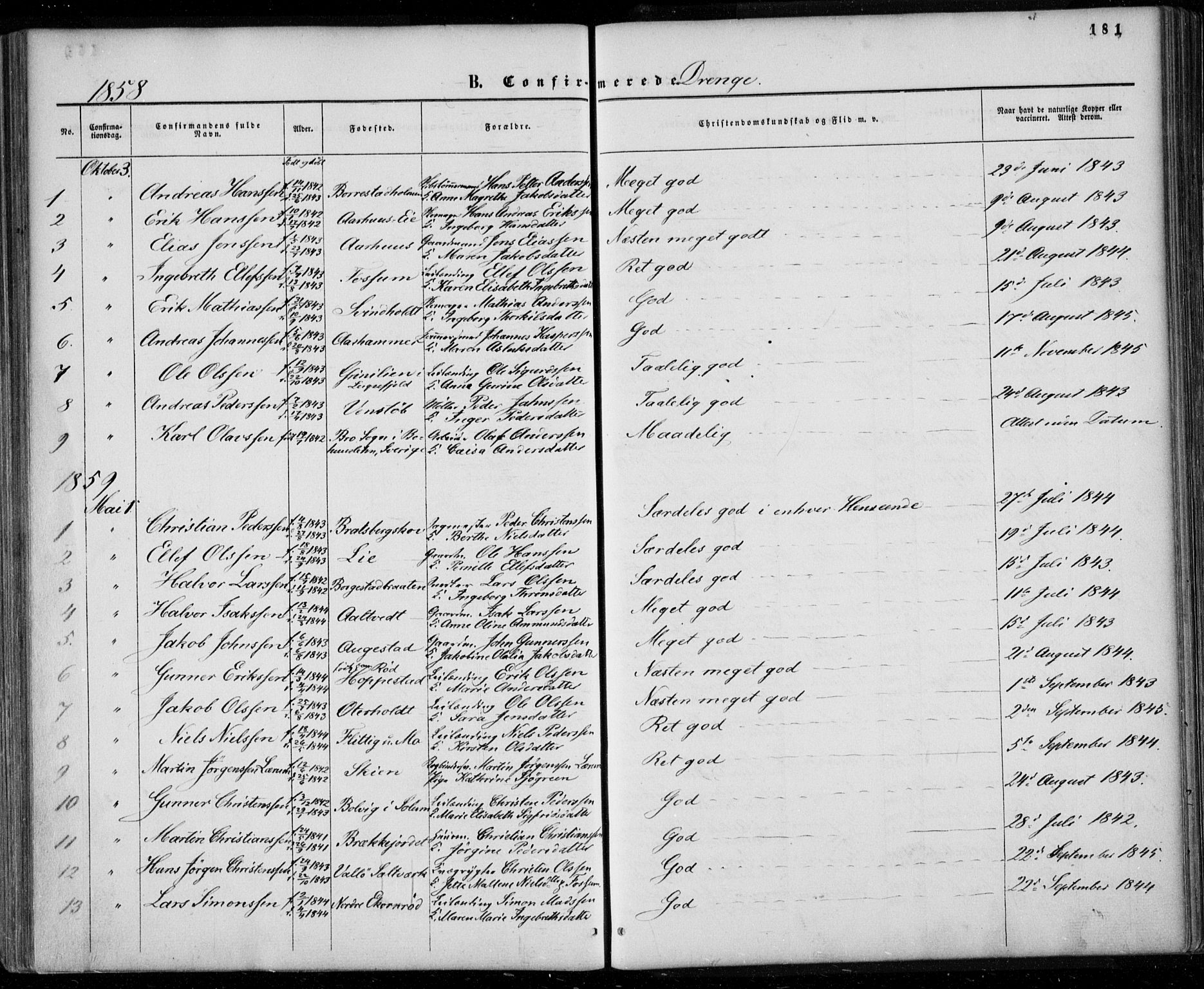Gjerpen kirkebøker, SAKO/A-265/F/Fa/L0008a: Parish register (official) no. I 8A, 1857-1871, p. 181