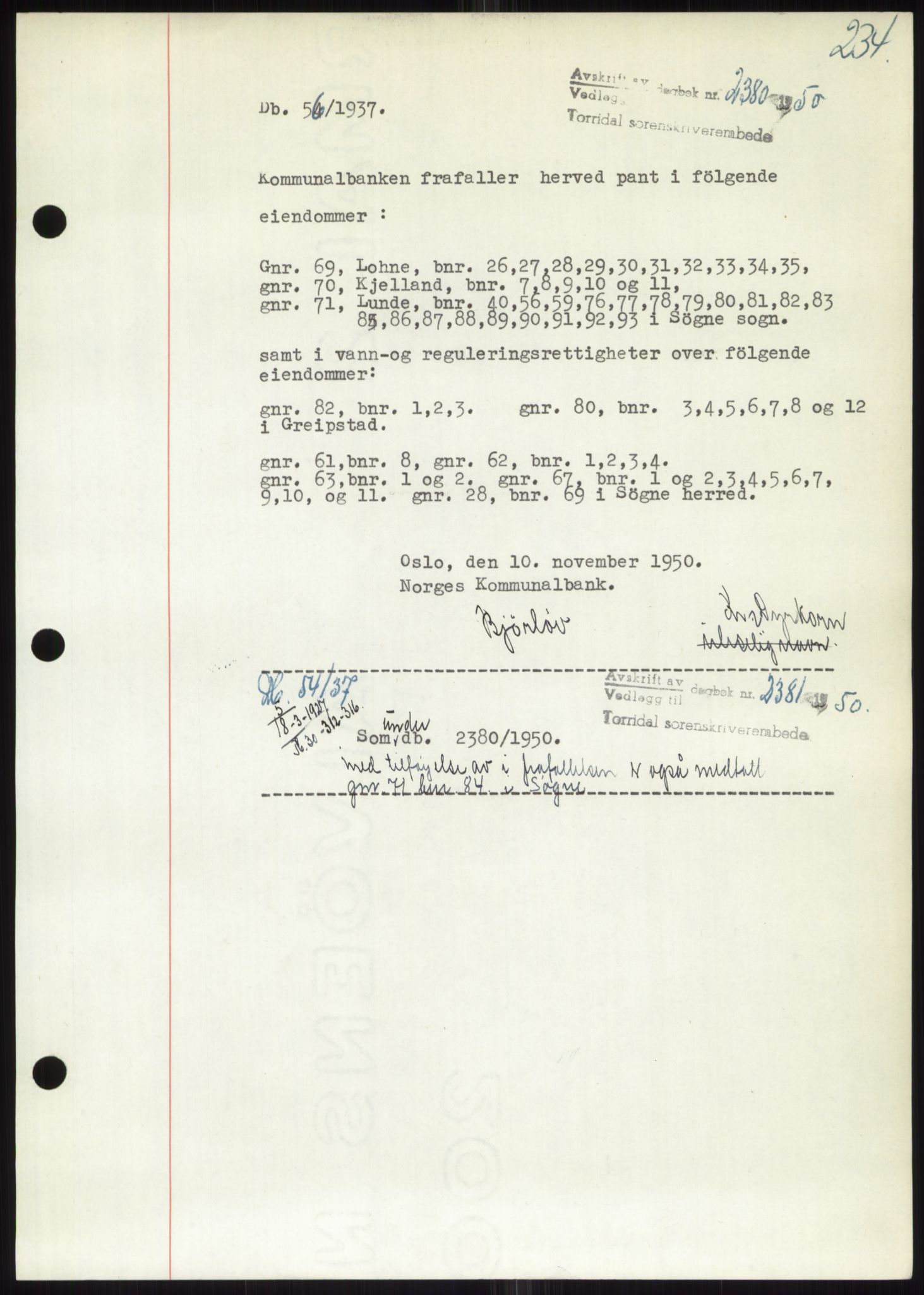 Torridal sorenskriveri, AV/SAK-1221-0012/G/Gb/Gbb/L0020: Mortgage book no. 63B, 1950-1950, Deed date: 01.11.1950