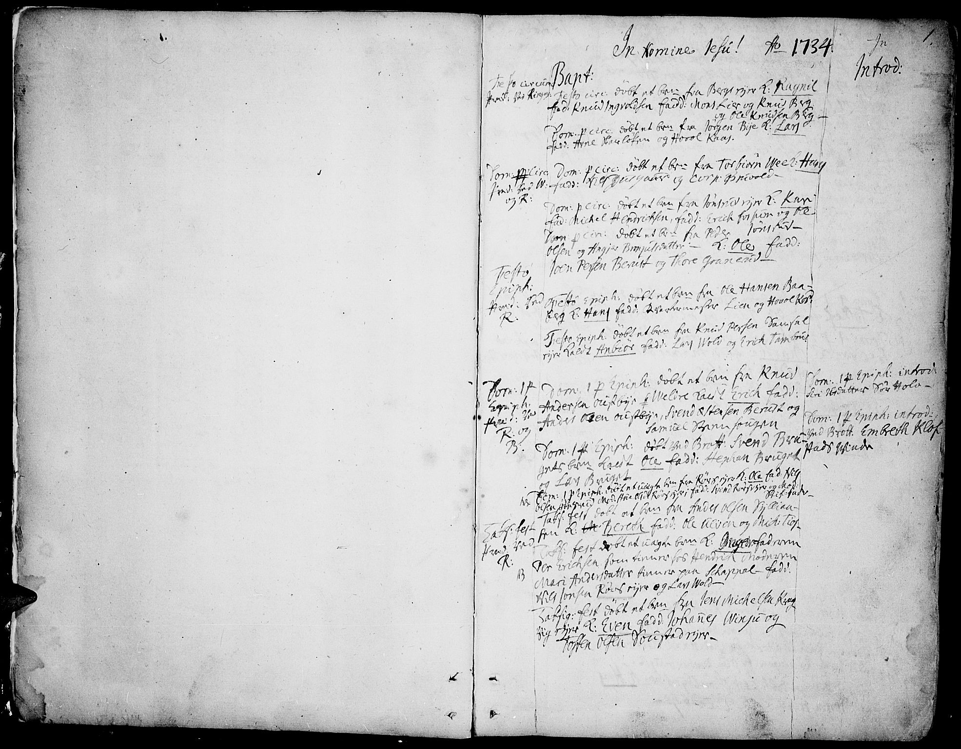 Ringsaker prestekontor, AV/SAH-PREST-014/K/Ka/L0001: Parish register (official) no. 1, 1734-1746, p. 0-1