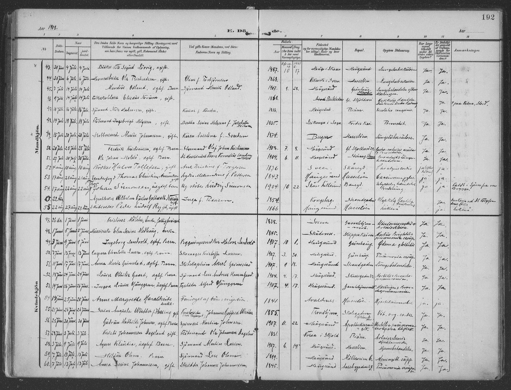 Haugesund sokneprestkontor, AV/SAST-A -101863/H/Ha/Haa/L0007: Parish register (official) no. A 7, 1904-1916, p. 192