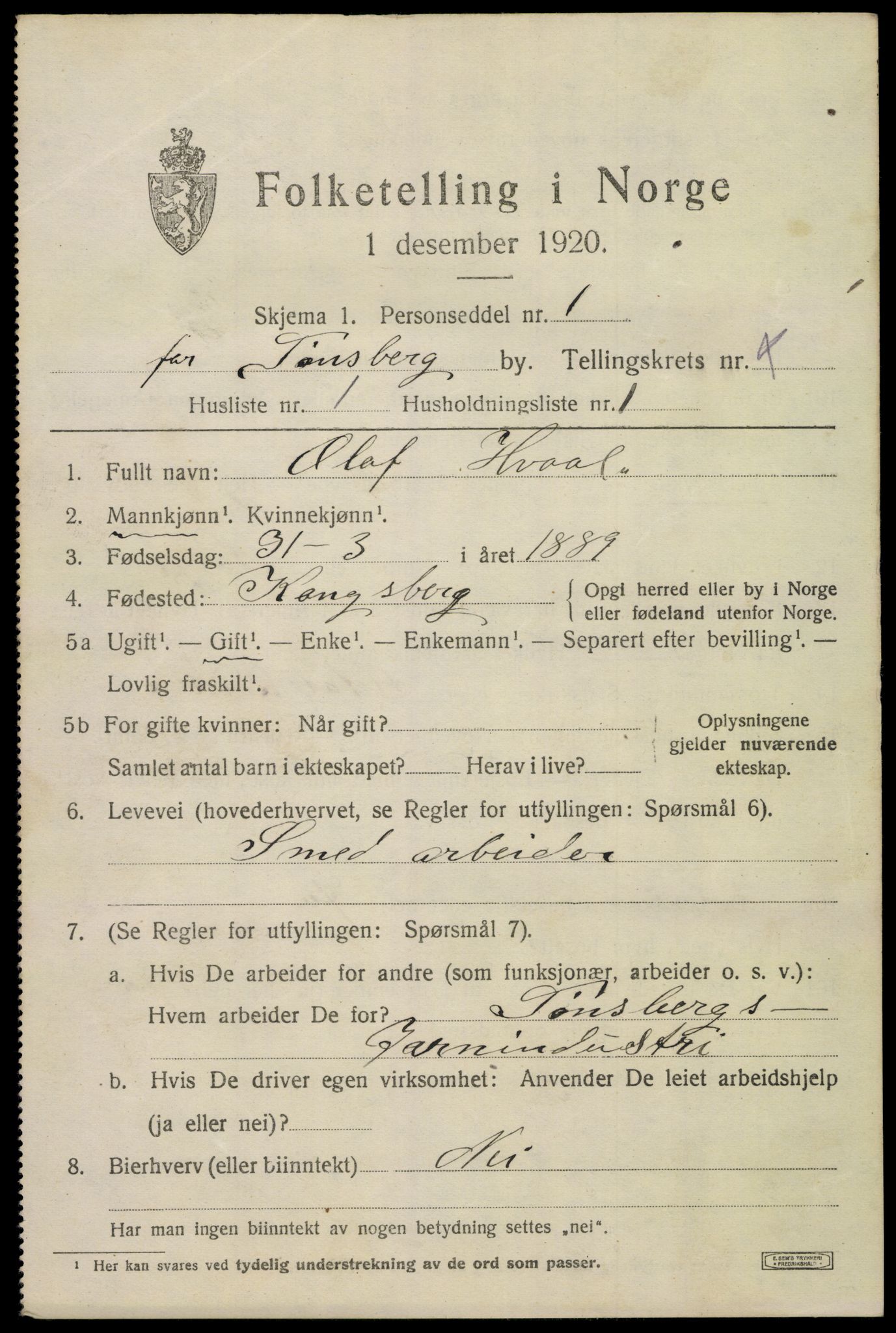 SAKO, 1920 census for Tønsberg, 1920, p. 18213