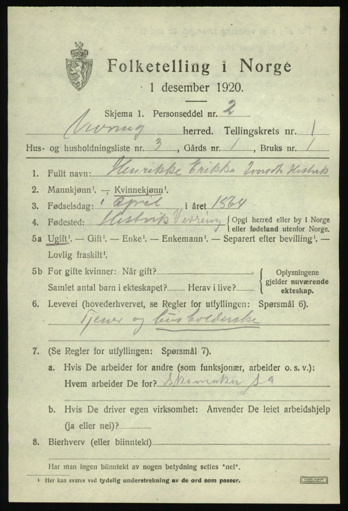 SAB, 1920 census for Vevring, 1920, p. 450