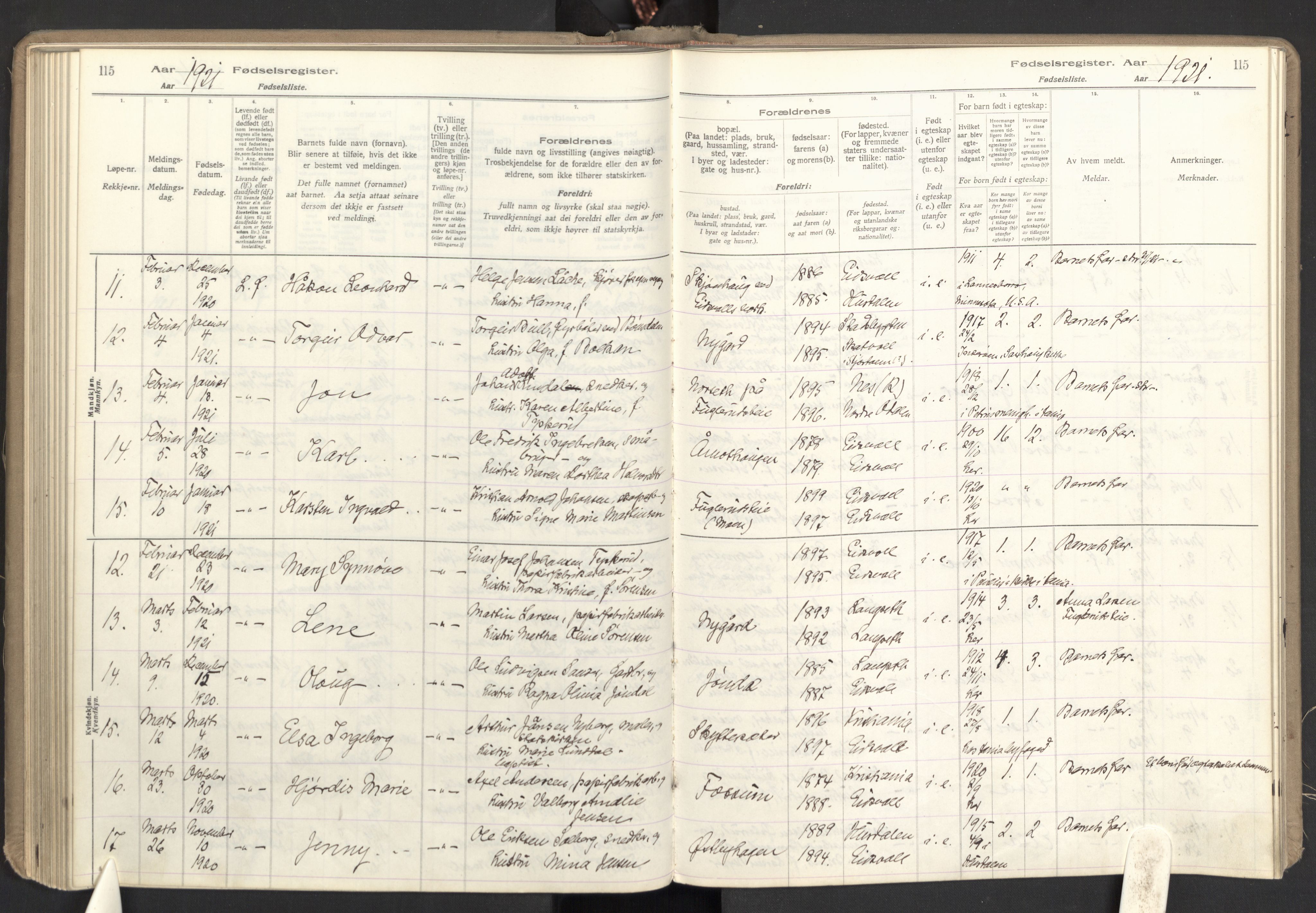 Eidsvoll prestekontor Kirkebøker, SAO/A-10888: Birth register no. I 1, 1916-1924, p. 115