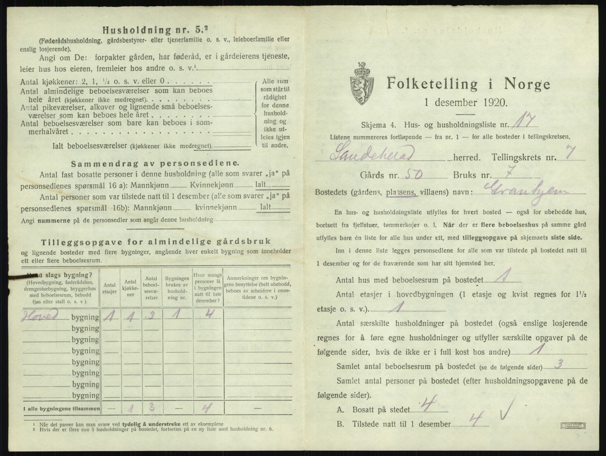 SAKO, 1920 census for Sandeherred, 1920, p. 1491