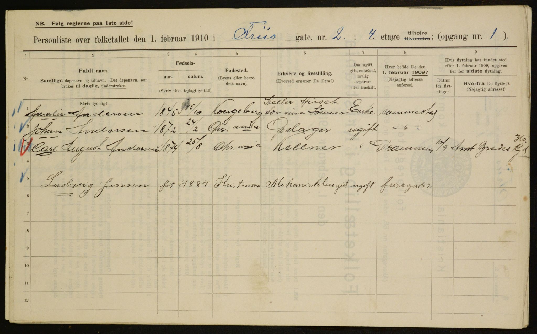 OBA, Municipal Census 1910 for Kristiania, 1910, p. 25141