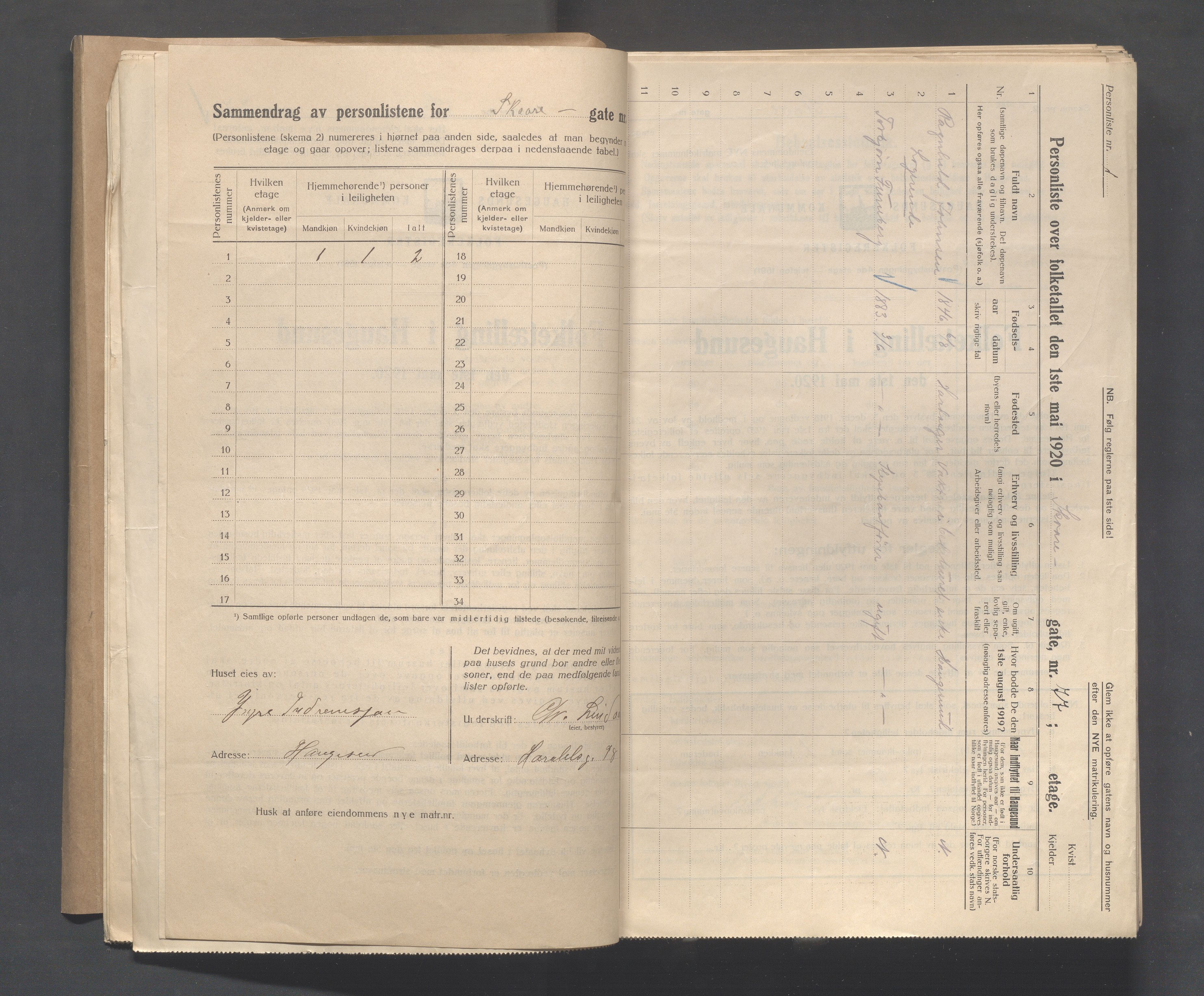 IKAR, Local census 1.5.1920 for Haugesund, 1920, p. 3435