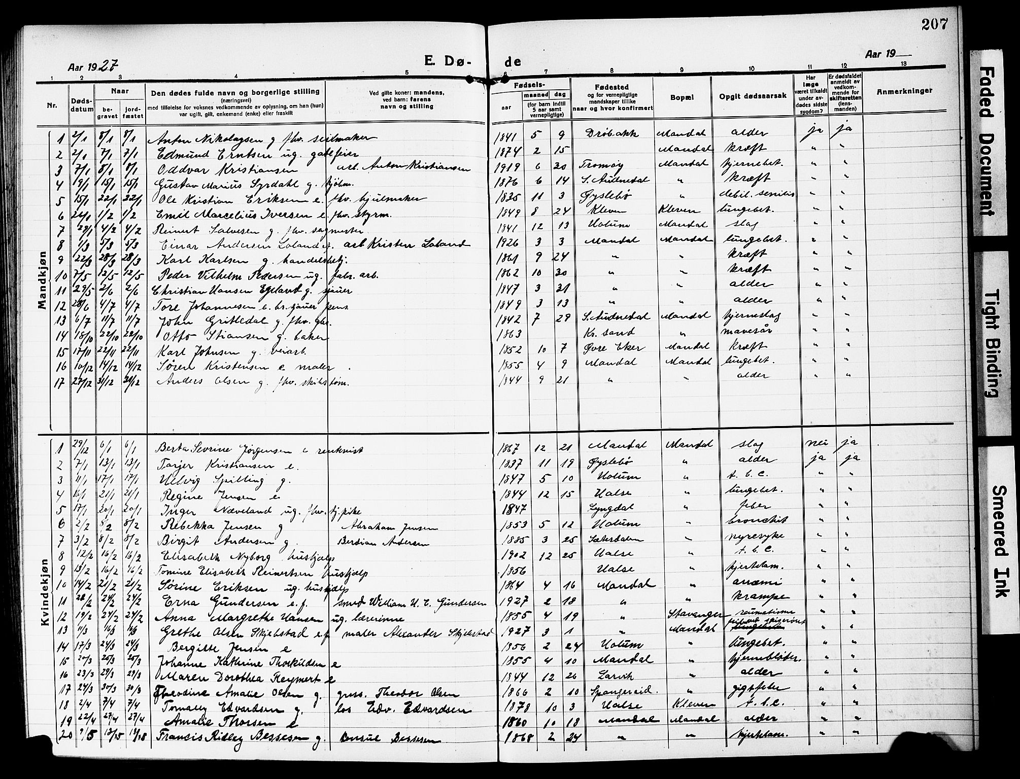 Mandal sokneprestkontor, SAK/1111-0030/F/Fb/Fbc/L0001: Parish register (copy) no. B 1, 1918-1931, p. 207
