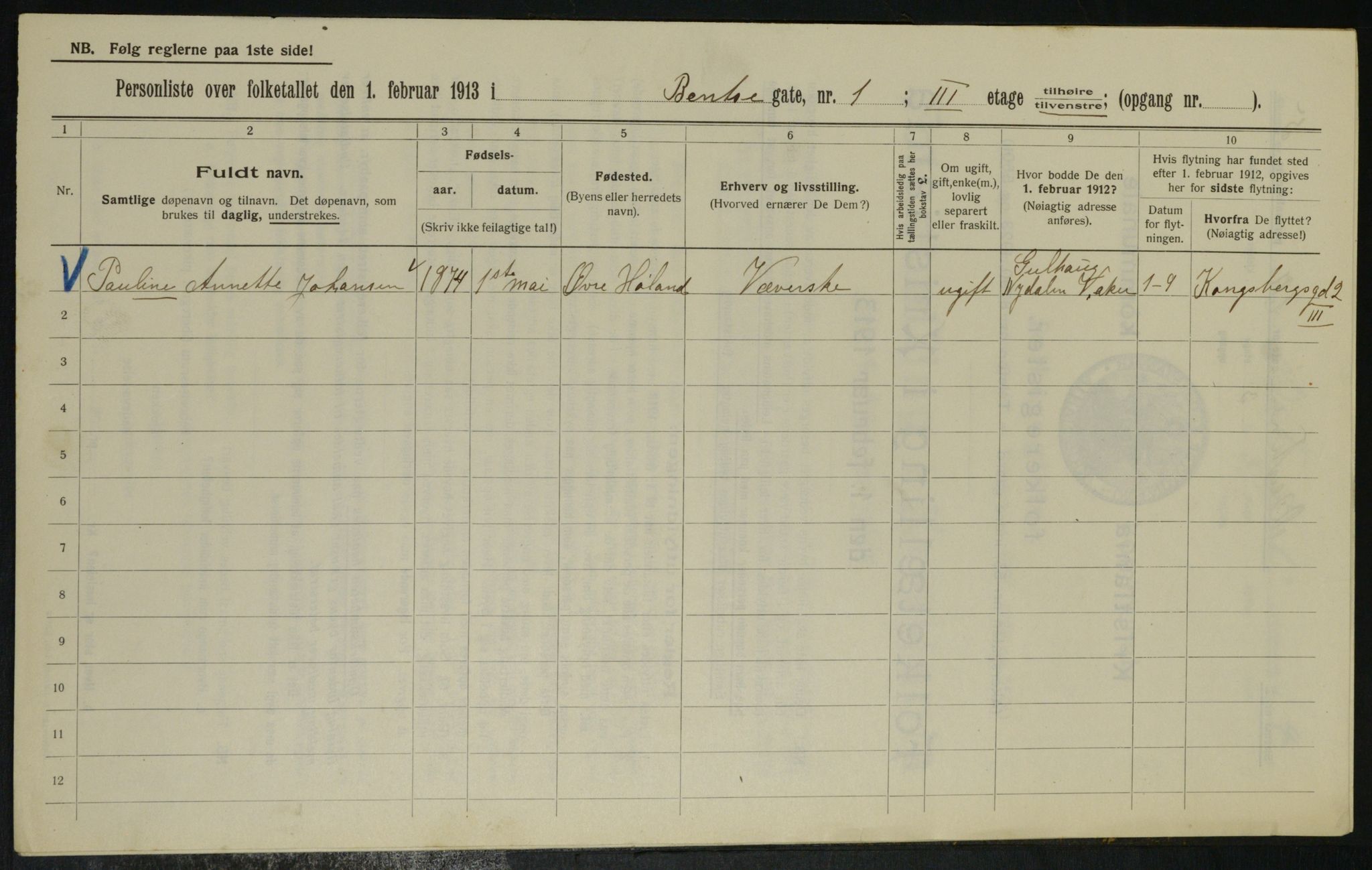 OBA, Municipal Census 1913 for Kristiania, 1913, p. 3352