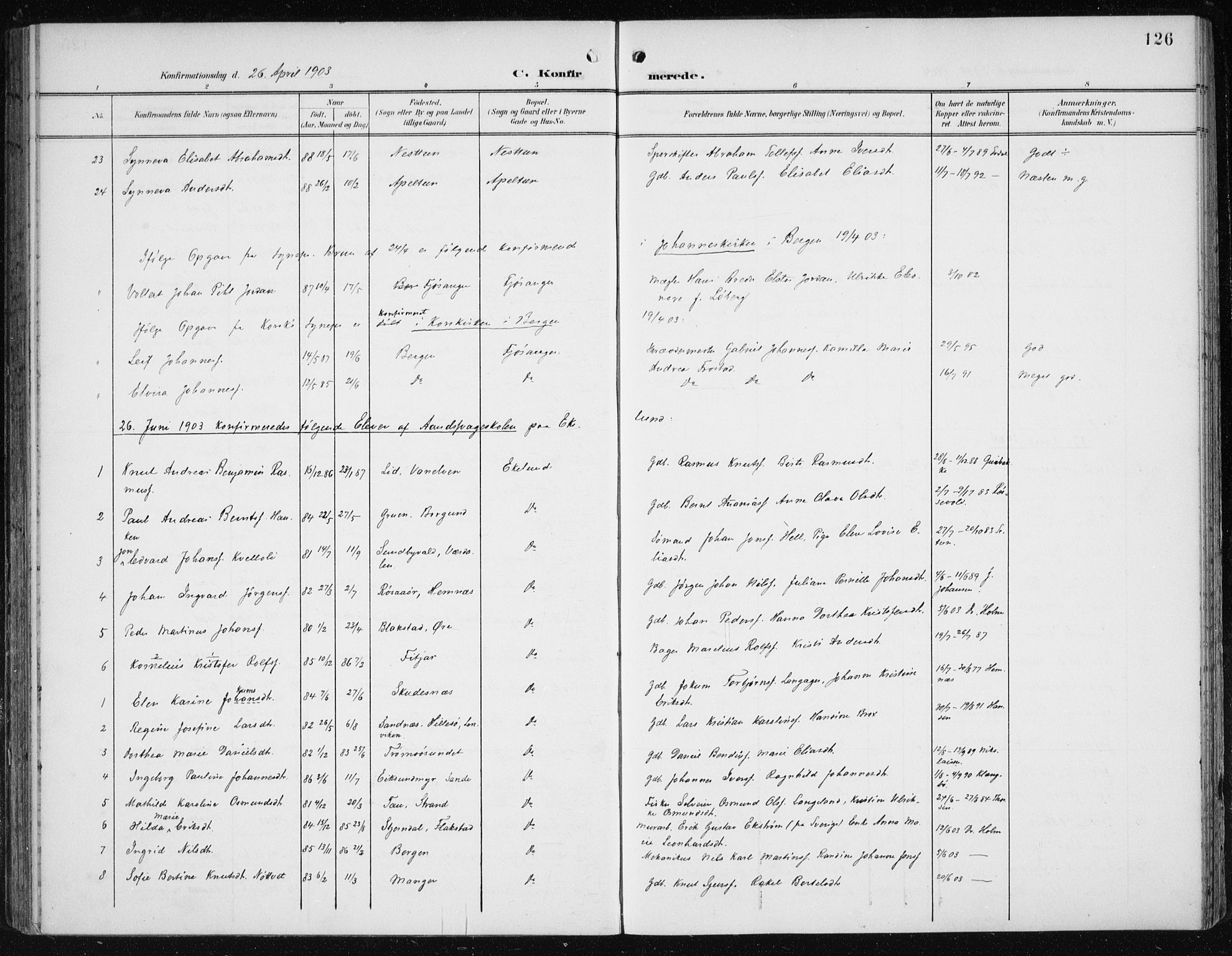 Fana Sokneprestembete, SAB/A-75101/H/Haa/Haai/L0003: Parish register (official) no. I 3, 1900-1912, p. 126