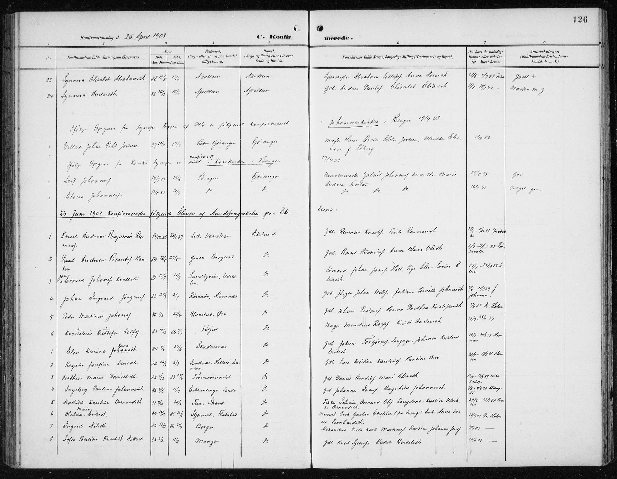 Fana Sokneprestembete, AV/SAB-A-75101/H/Haa/Haai/L0003: Parish register (official) no. I 3, 1900-1912, p. 126