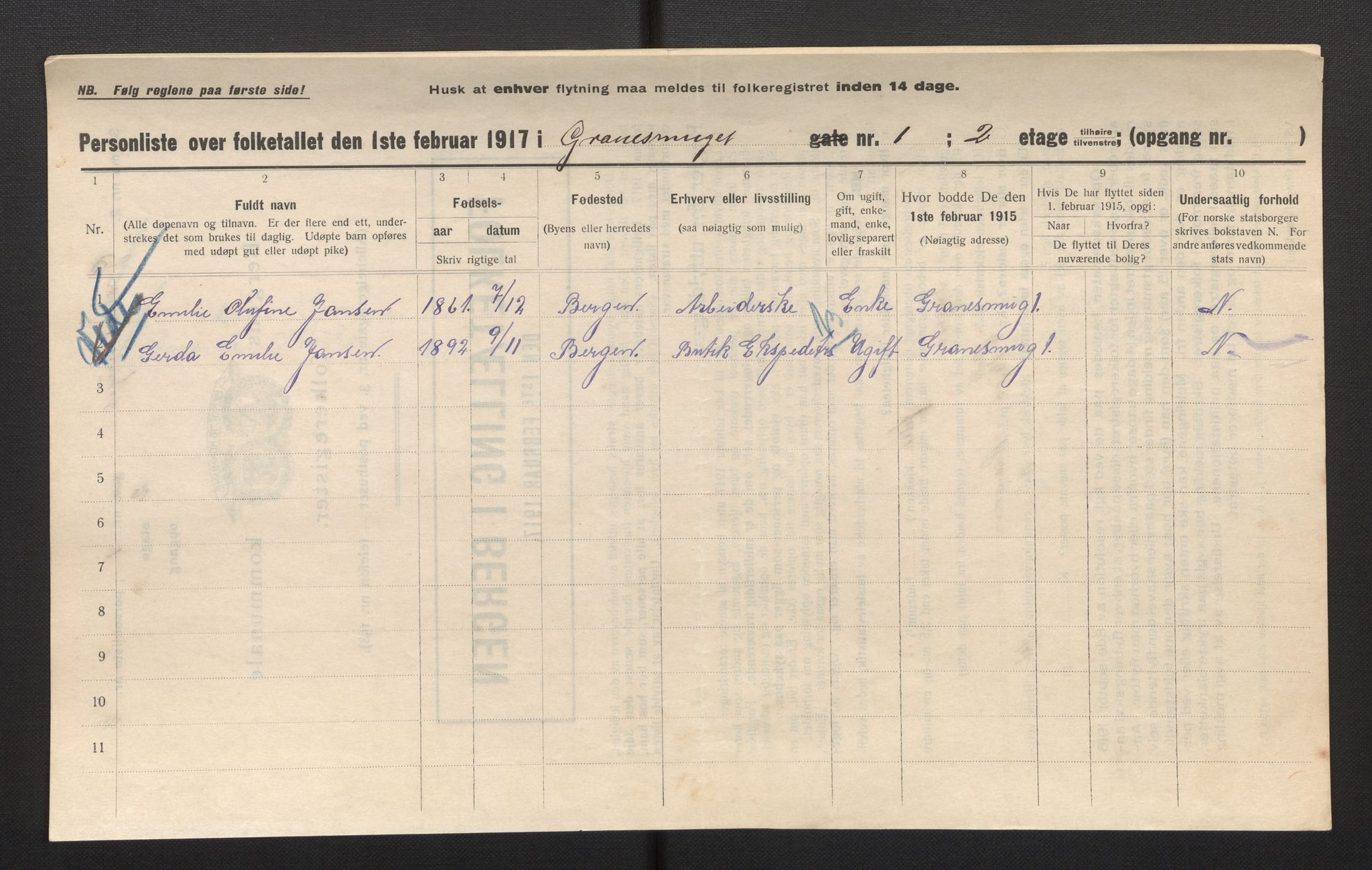 SAB, Municipal Census 1917 for Bergen, 1917, p. 10425