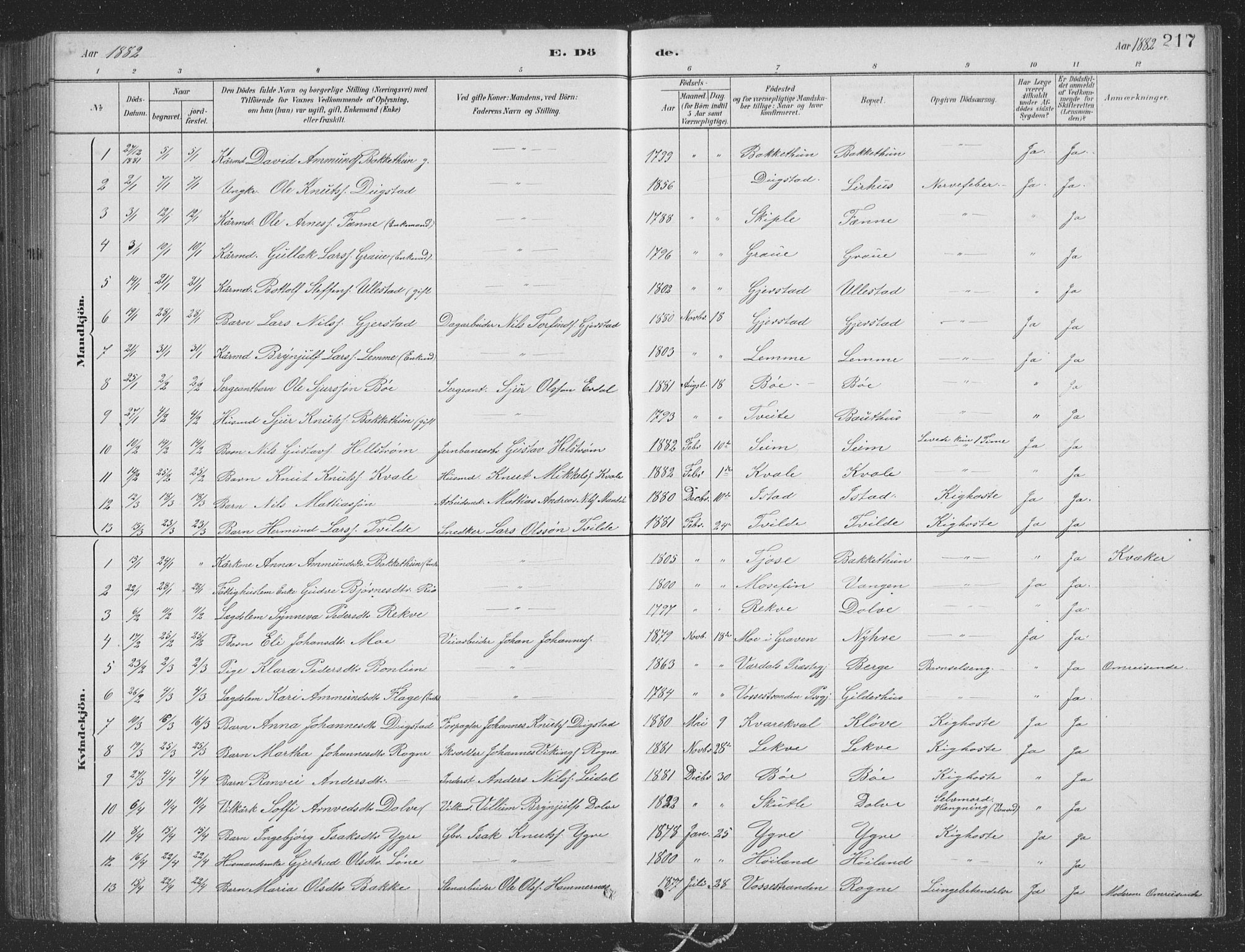 Voss sokneprestembete, SAB/A-79001/H/Hab: Parish register (copy) no. B 3, 1879-1894, p. 217