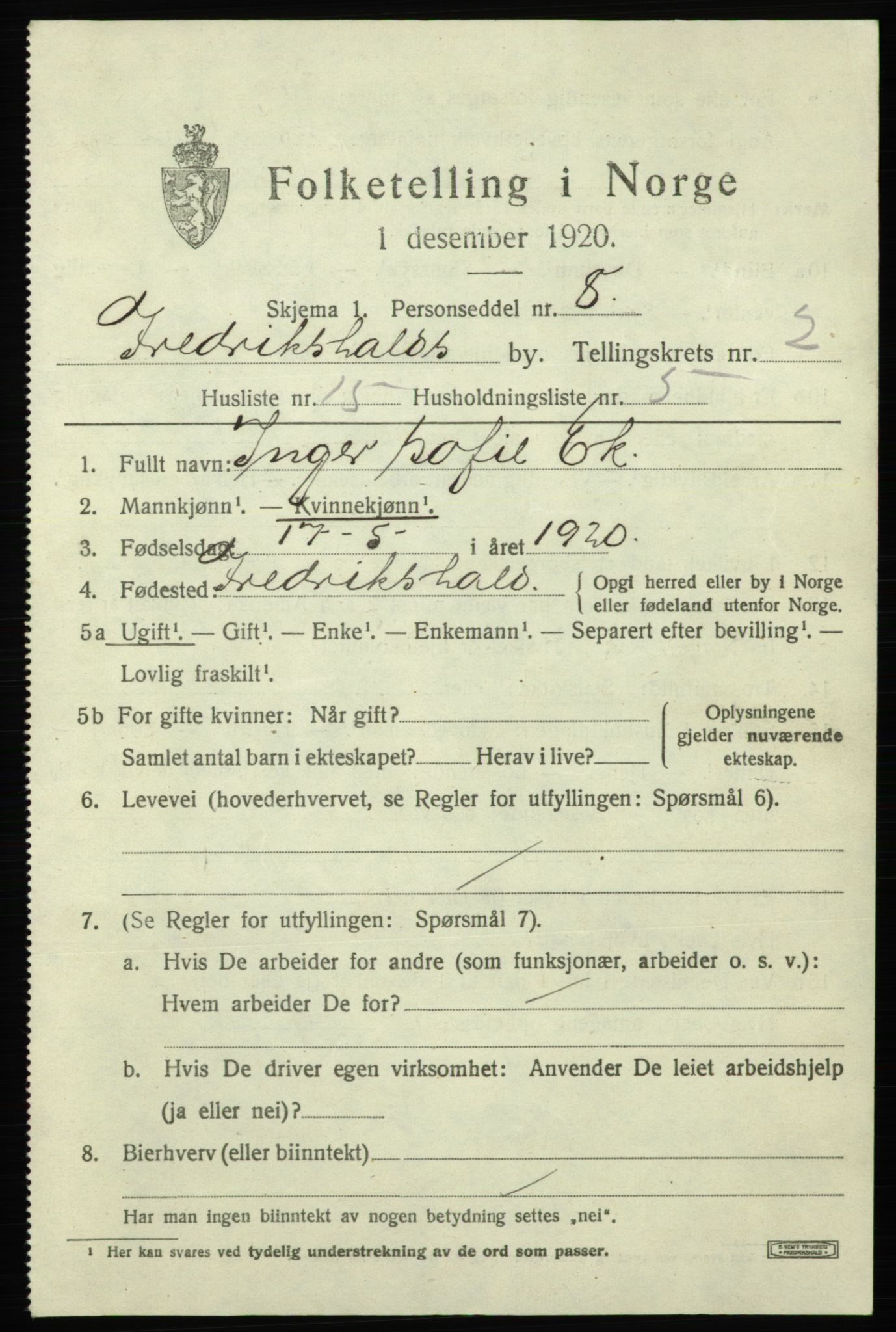 SAO, 1920 census for Fredrikshald, 1920, p. 9636