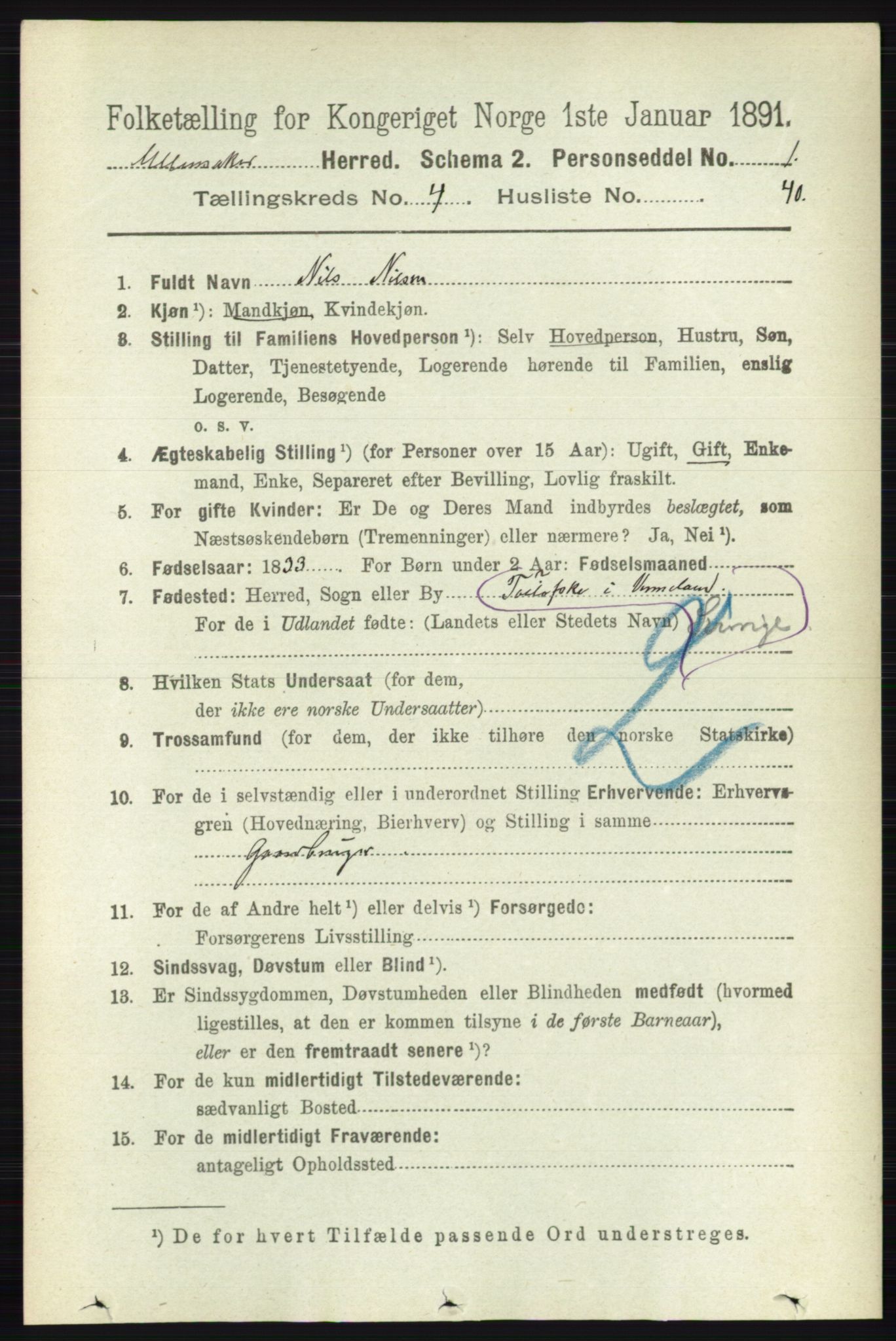 RA, 1891 census for 0235 Ullensaker, 1891, p. 1722
