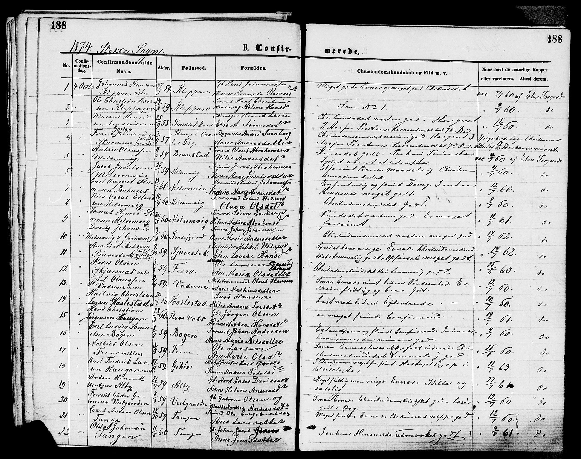 Stokke kirkebøker, AV/SAKO-A-320/F/Fa/L0009: Parish register (official) no. I 9, 1872-1883, p. 188