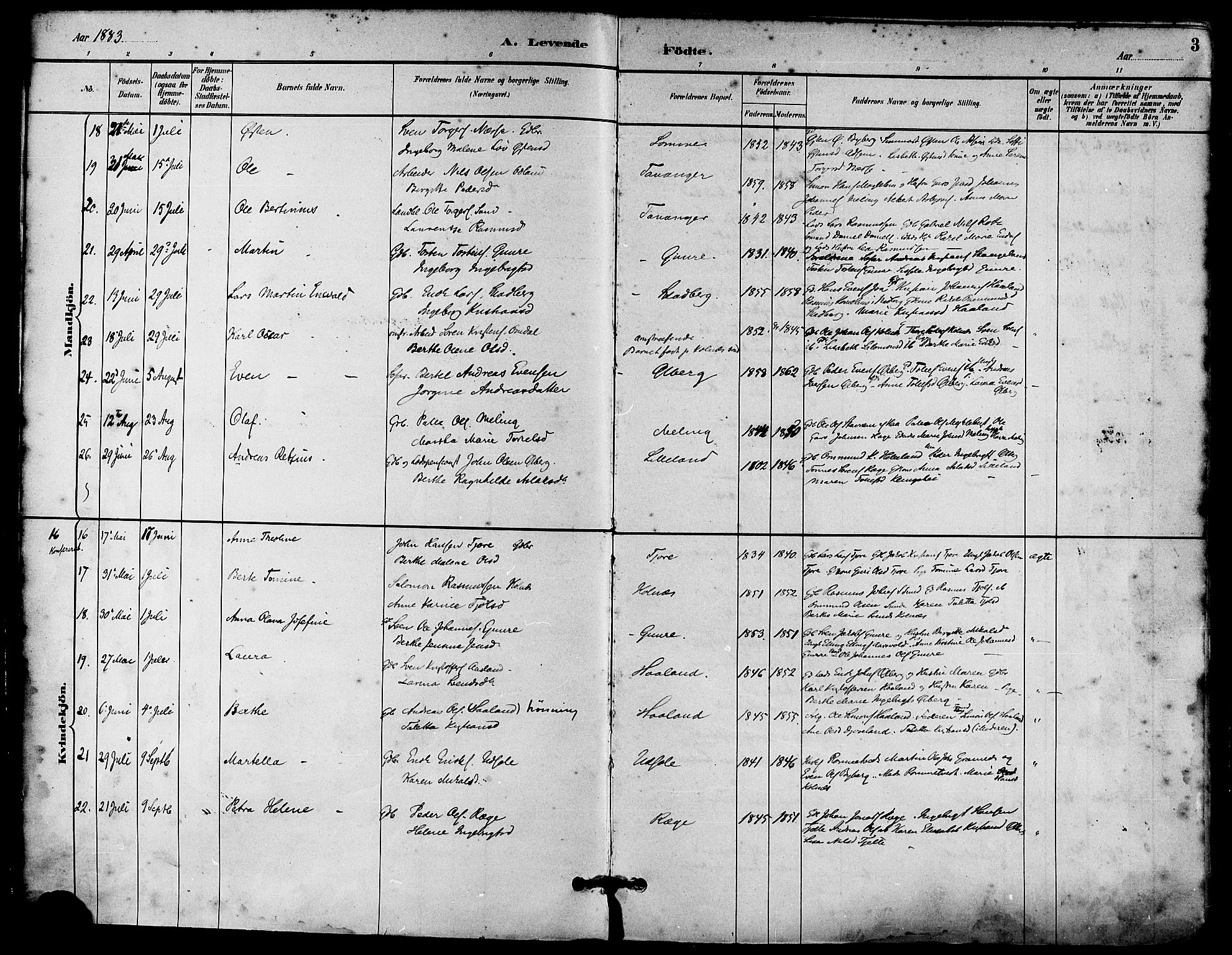 Håland sokneprestkontor, AV/SAST-A-101802/001/30BA/L0010: Parish register (official) no. A 9, 1883-1888, p. 3