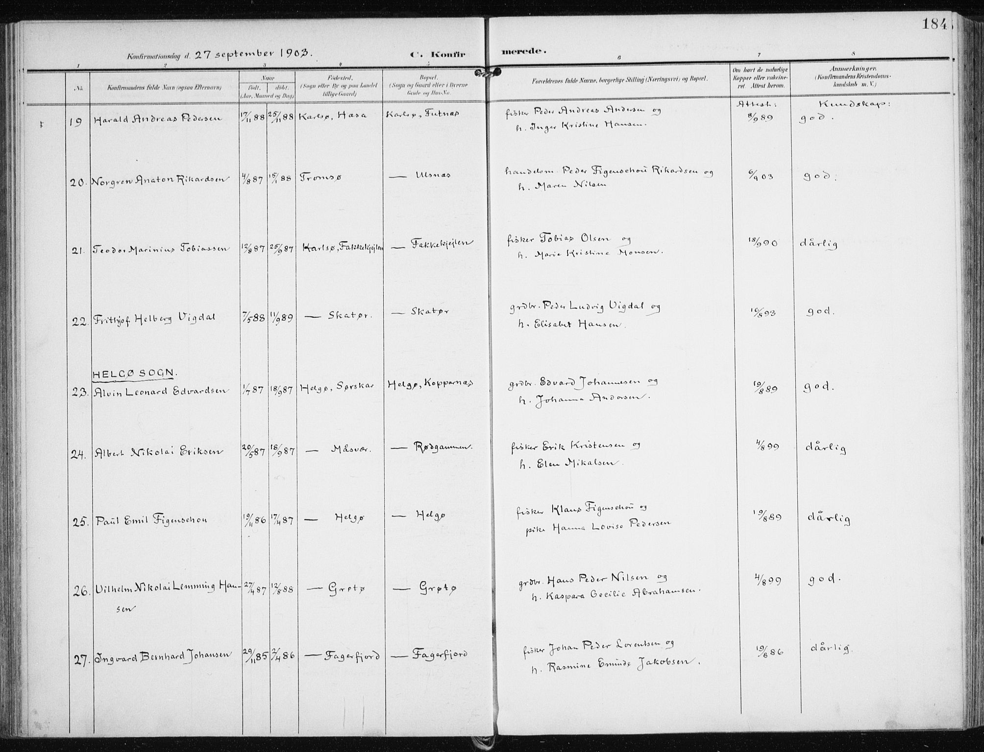 Karlsøy sokneprestembete, AV/SATØ-S-1299/H/Ha/Haa/L0014kirke: Parish register (official) no. 14, 1903-1917, p. 184