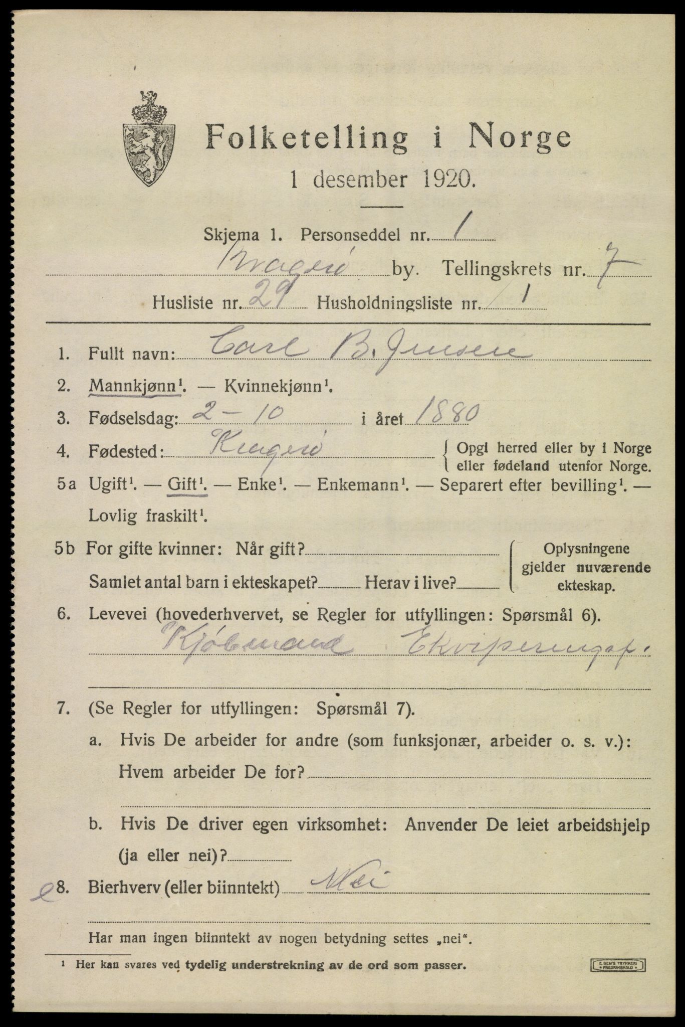 SAKO, 1920 census for Kragerø, 1920, p. 10013