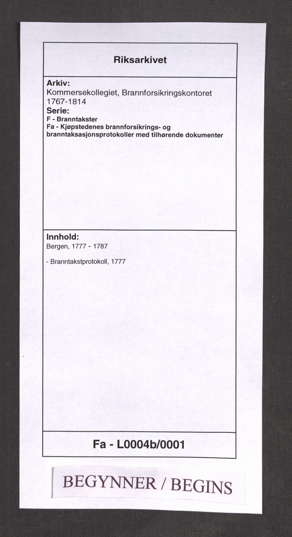 Kommersekollegiet, Brannforsikringskontoret 1767-1814, RA/EA-5458/F/Fa/L0004b/0001: Bergen / Branntakstprotokoll, 1777