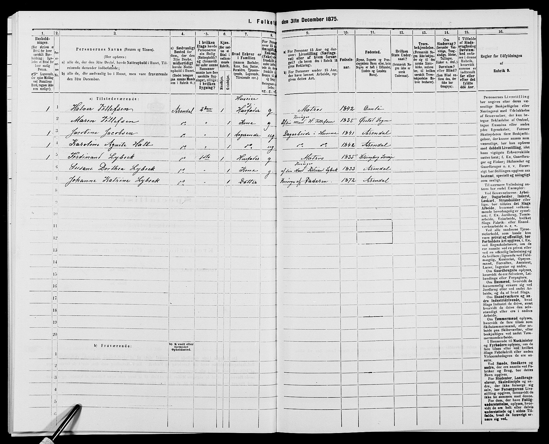 SAK, 1875 census for 0903P Arendal, 1875, p. 534