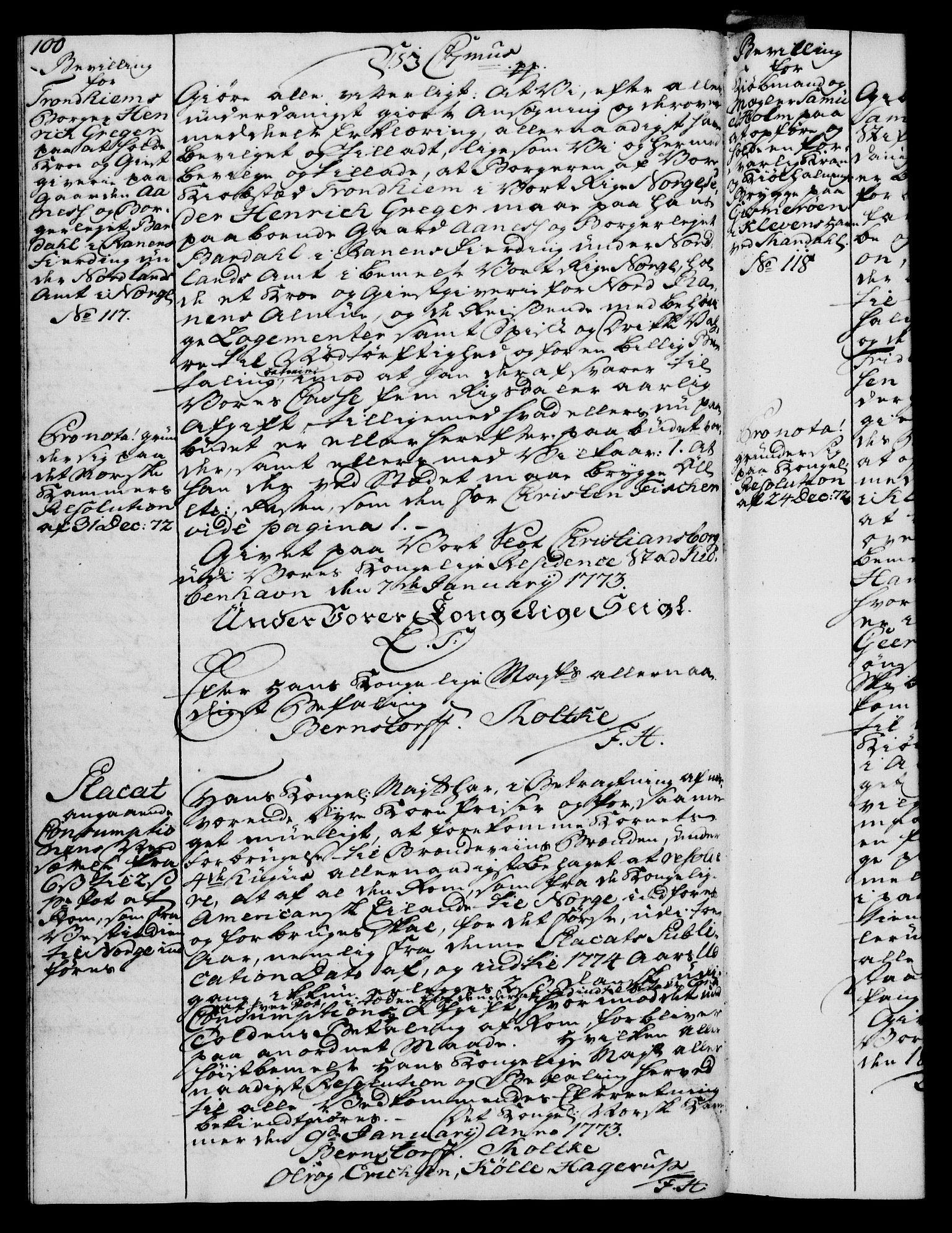 Rentekammeret, Kammerkanselliet, RA/EA-3111/G/Gg/Gga/L0009: Norsk ekspedisjonsprotokoll med register (merket RK 53.9), 1771-1773, p. 100