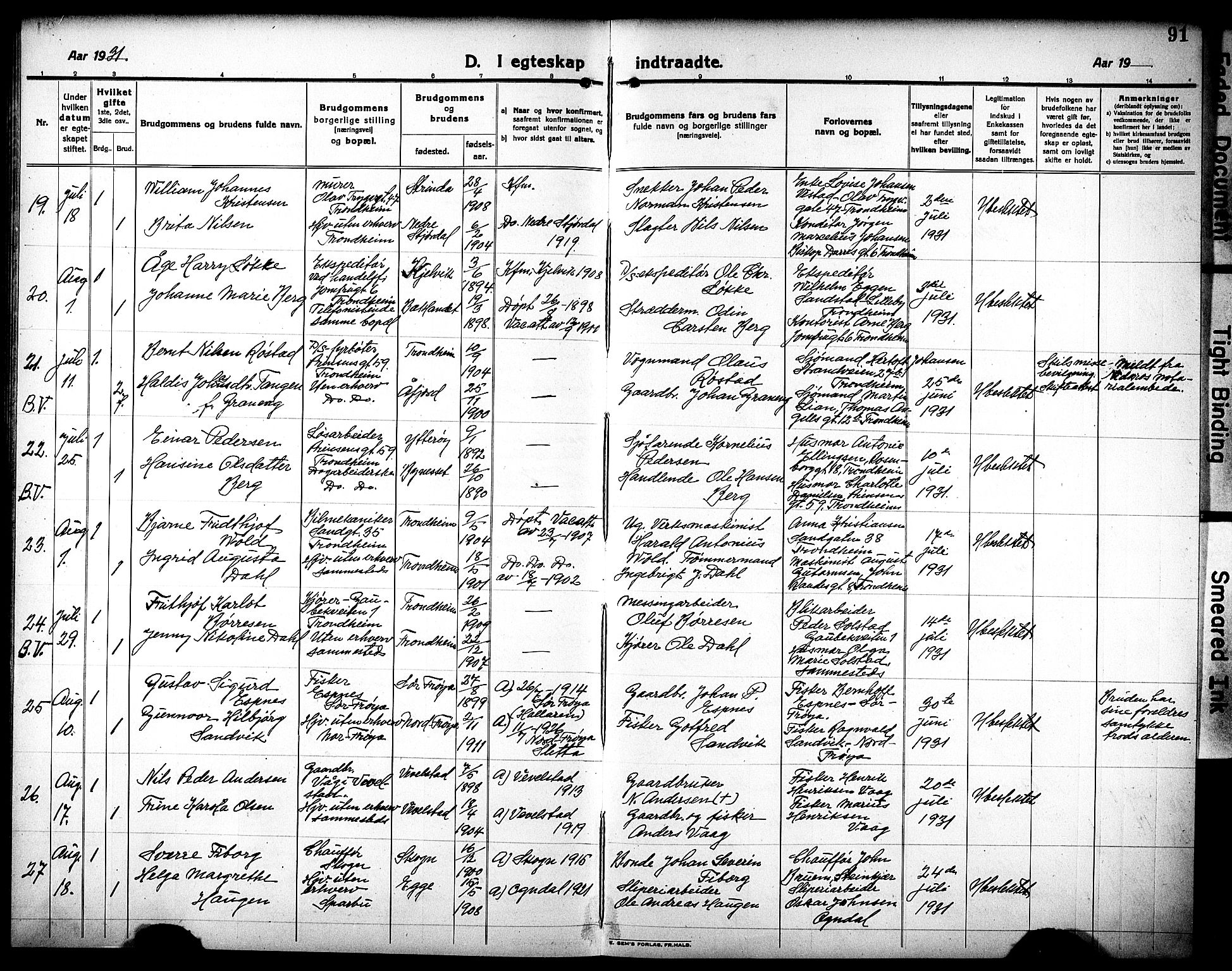 Ministerialprotokoller, klokkerbøker og fødselsregistre - Sør-Trøndelag, AV/SAT-A-1456/602/L0149: Parish register (copy) no. 602C17, 1919-1932, p. 91