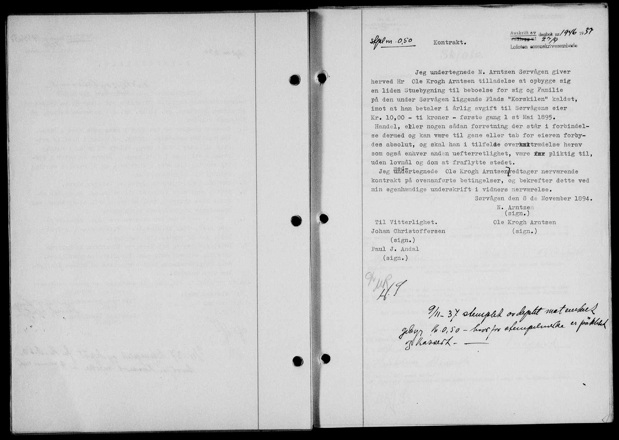 Lofoten sorenskriveri, SAT/A-0017/1/2/2C/L0002a: Mortgage book no. 2a, 1937-1937, Diary no: : 1946/1937